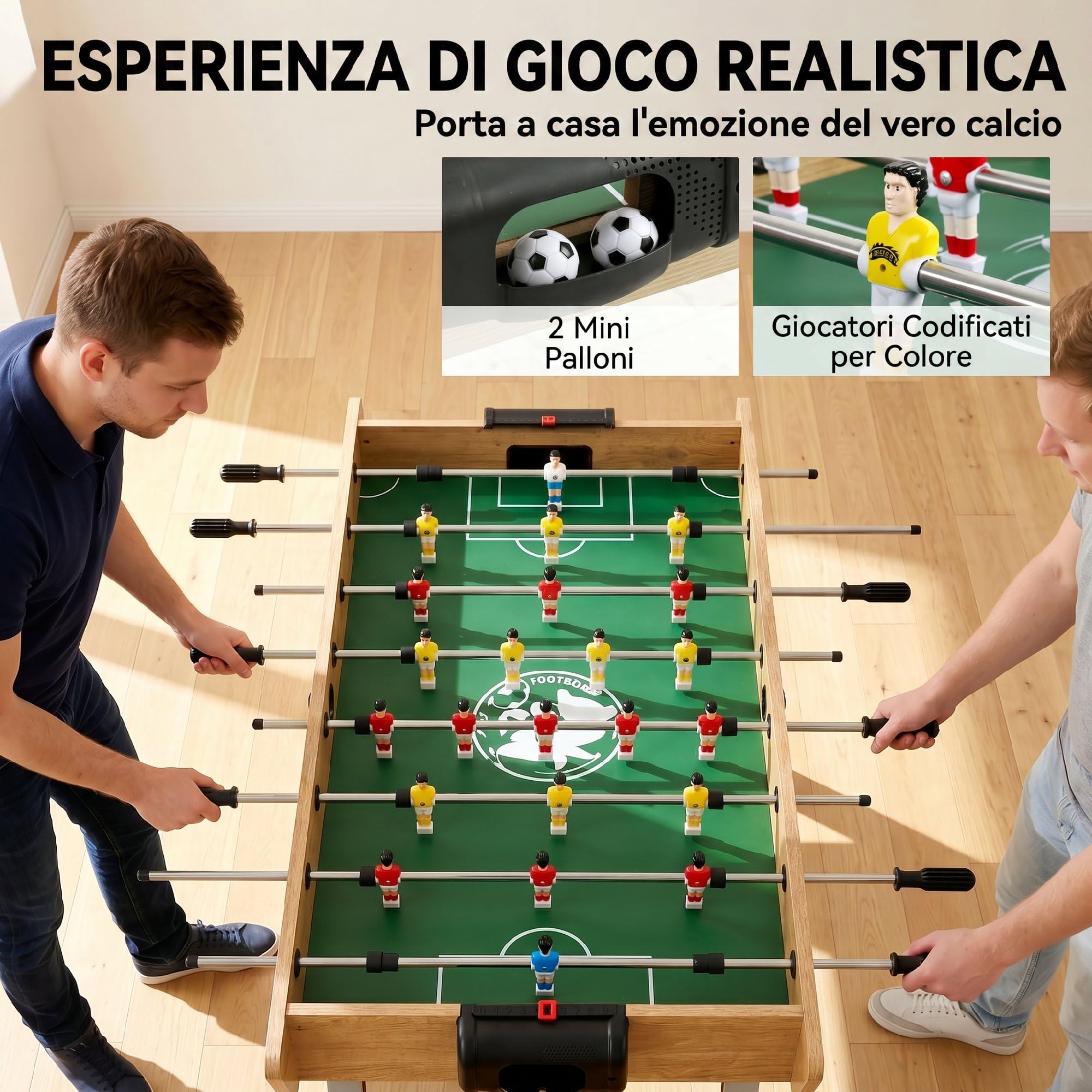 SPORTNOW Calcio Balilla con 22 Giocatori 121x87x77 cm Legno Naturale | 2 Palline, 2 Segnapunti, Maniglie Antiscivolo, Calcetto Balilla, Bigliardino da Casa, Adulti Bambini, Scuola Feste Bar