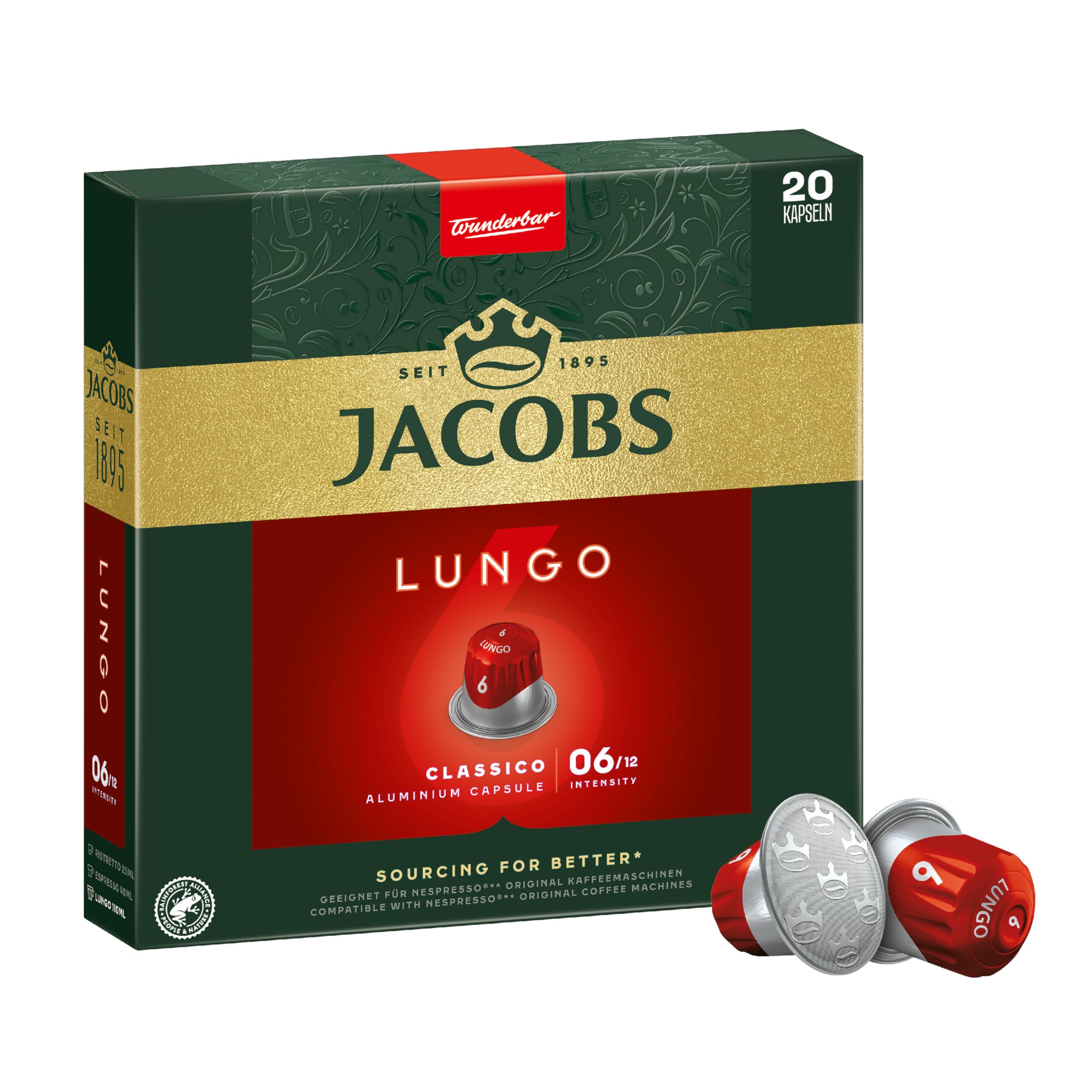 Jacobs Kapsułki kawy Lungo Classico, intensywność 6 na 12, 20 kapsułek Nespresso®* kompatybilne kapsułki, 10 x 20 napojów