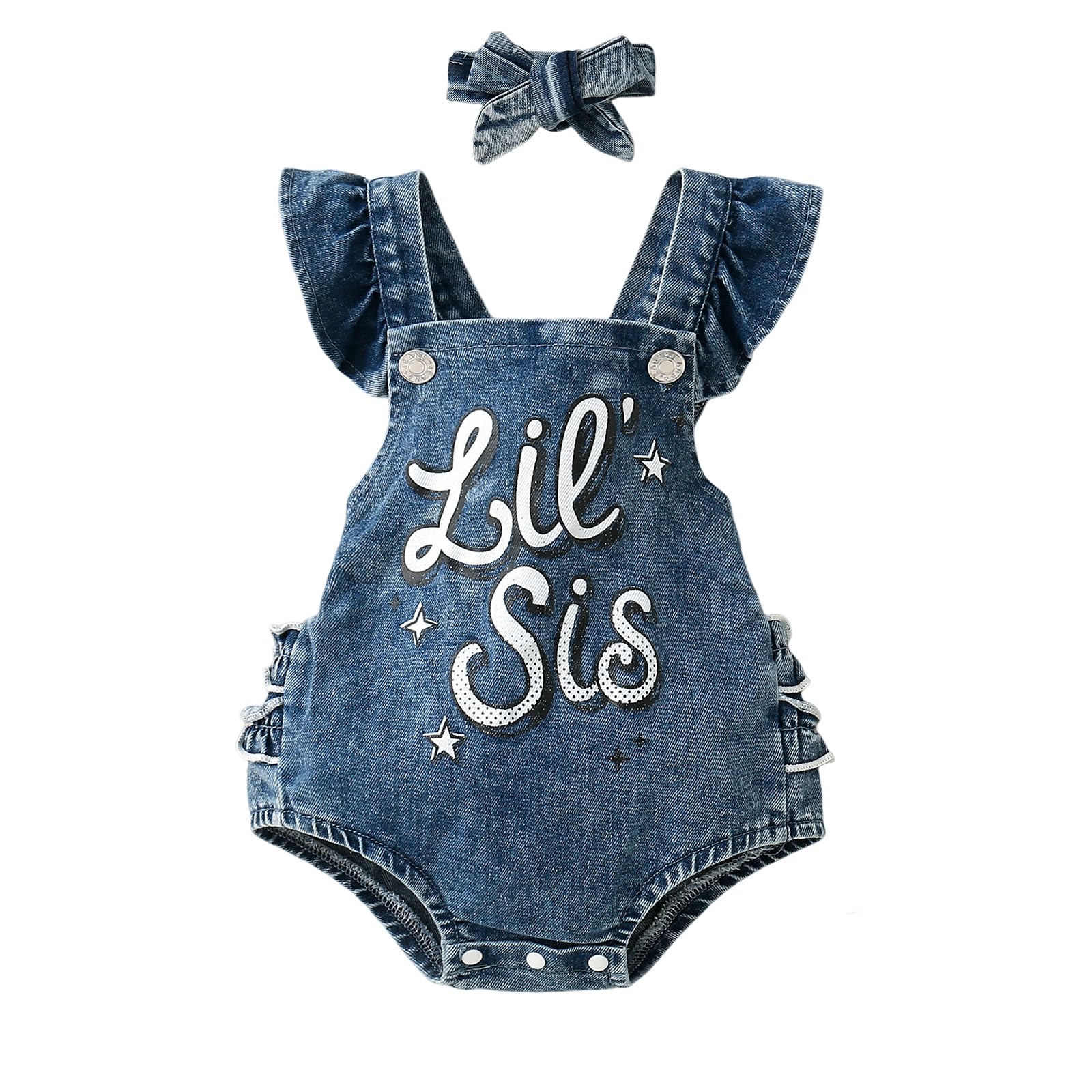 Rtnnsbbfcm Newborn Baby Girl Summer Clothes Fly Sleeve Letter Print Denim Suspender Romper Headband 2Pcs Outfit (Blue, 0-3 Months)