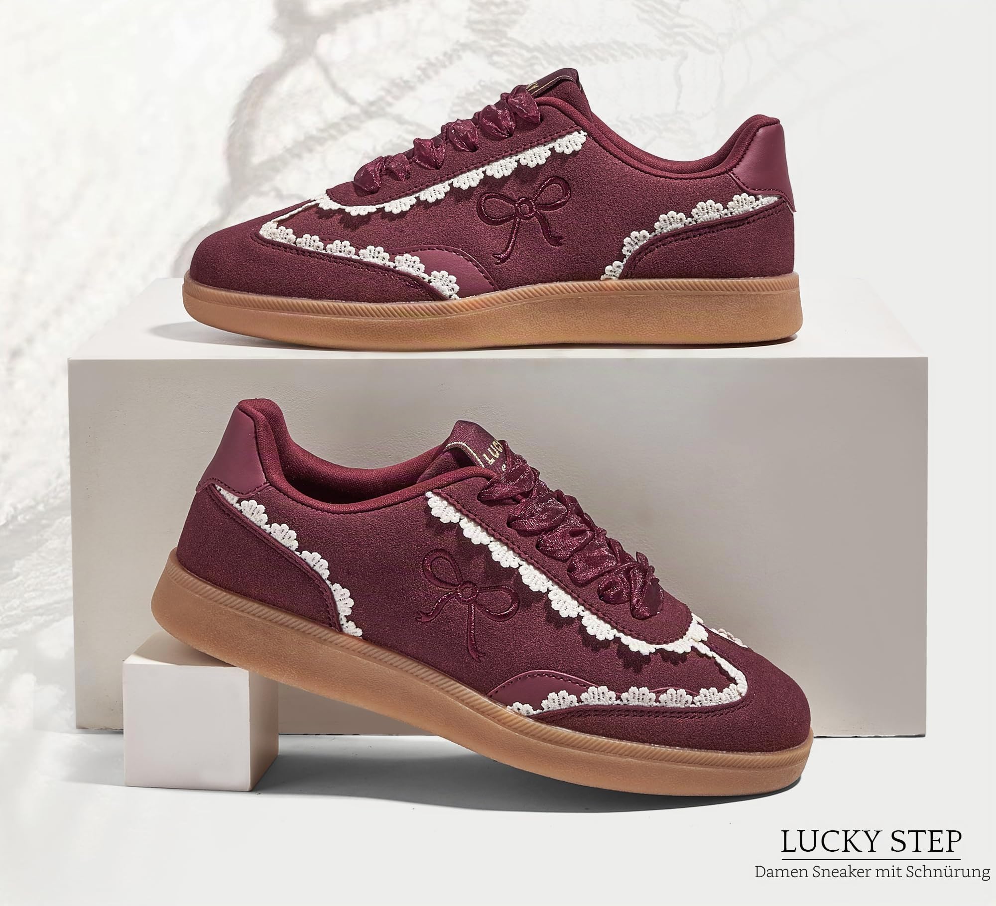 LUCKY STEP Damen Sneakers mit Spitze & Organza-Band | Vintage-Design mit Dicker Gummisohle | Bequeme Freizeitschuhe im Trend-Look für Alltag & Stadt