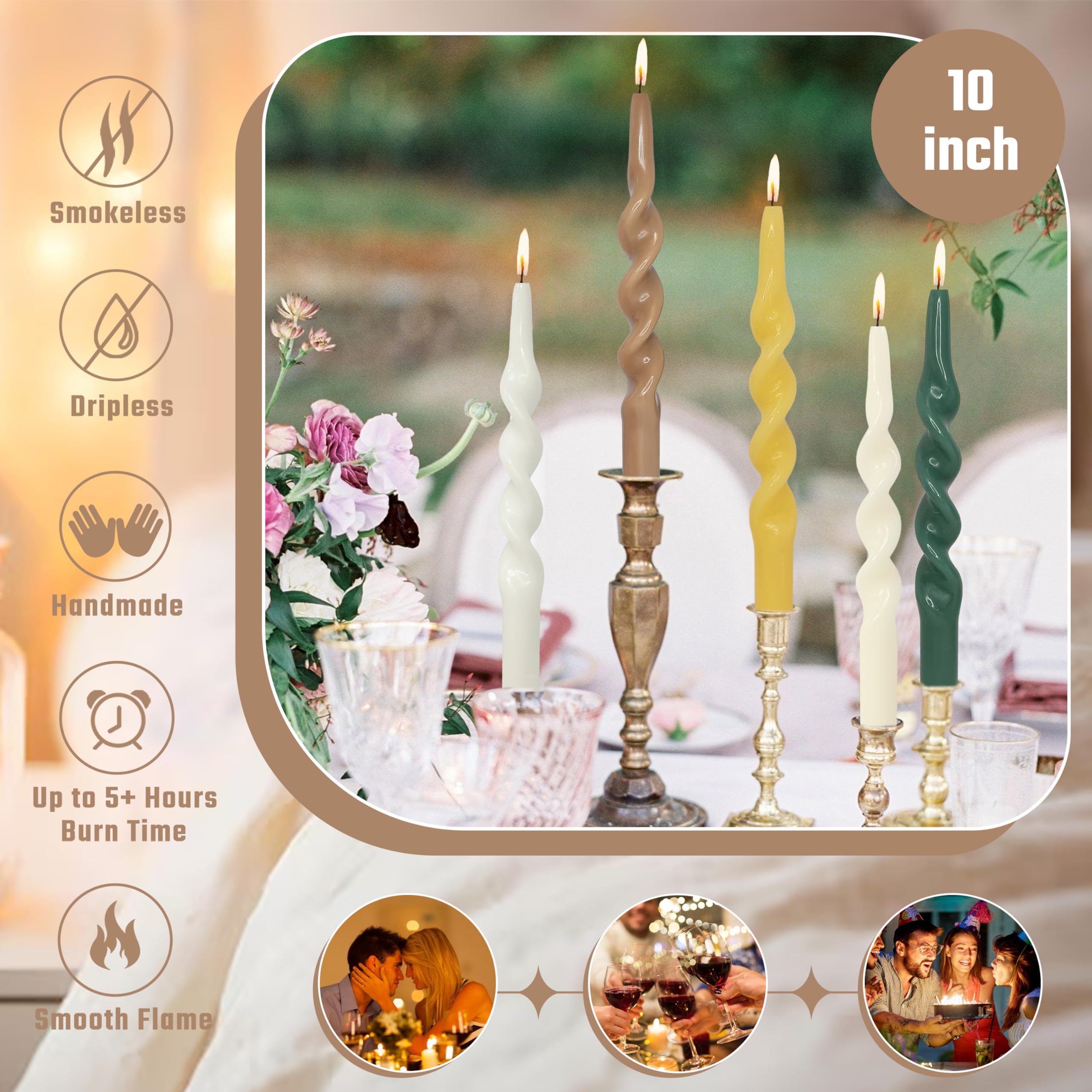 Braune spiralförmige Kerzen, 4 Stück, geruchlose Kerzen, Kerzenstäbchen für Abendessen, Haushalt, Hochzeit, Party, Heimdekoration, Kerzen