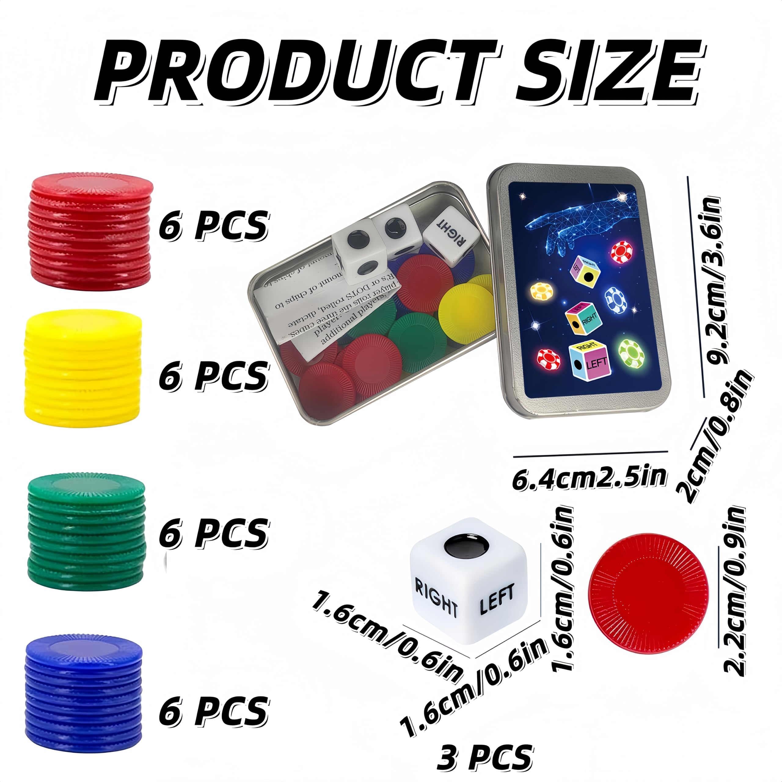 HONGLINSONG Left Right Centre Dice Game, Funny Dice Games with 3 Dices + 24 Colorful Chips - Image 2