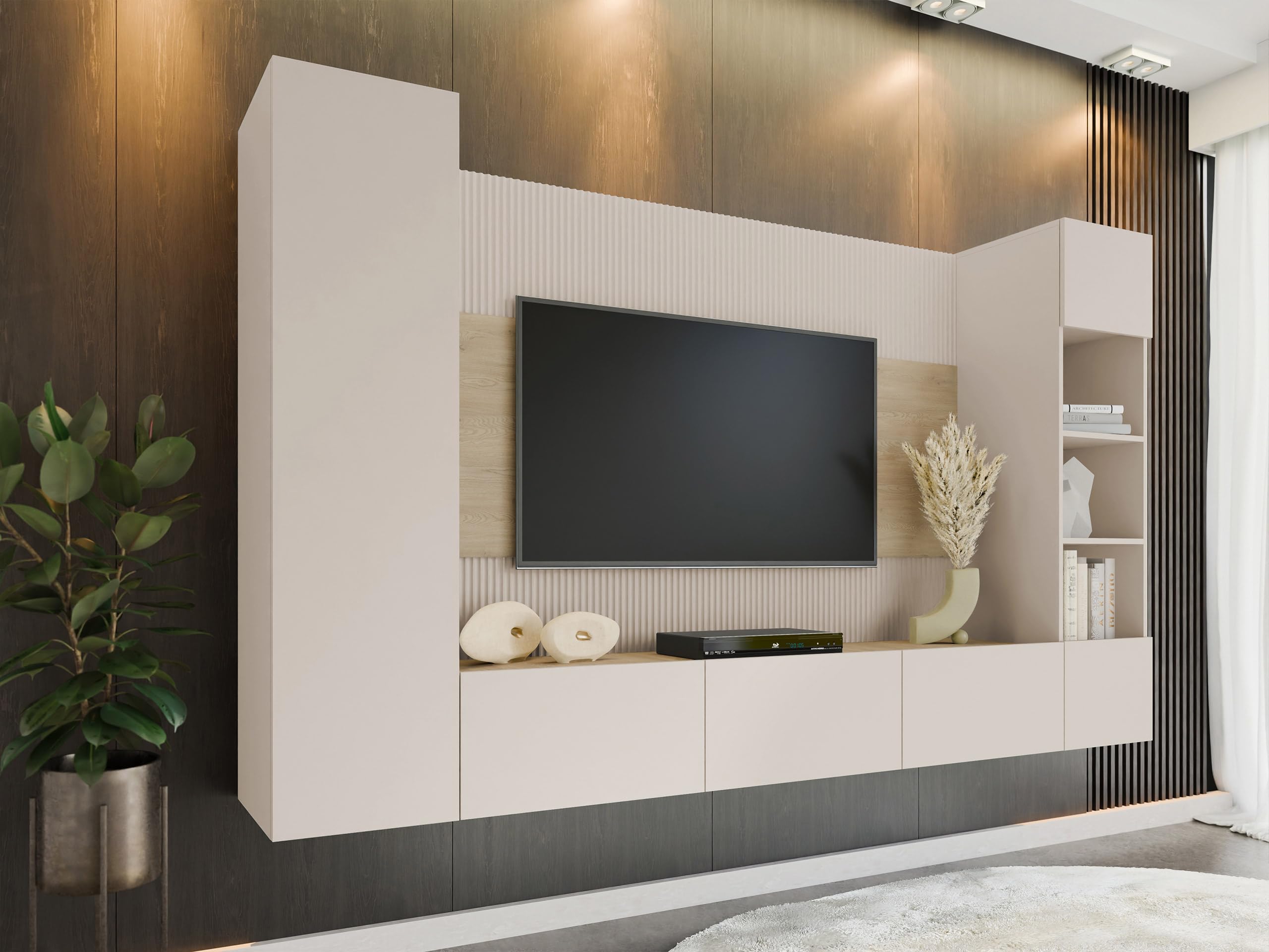 Mirjan24 Wohnwand Deromi IV, Anbauwand mit Wandpaneele und TV-Lowboard, Akustikplatten, Fernsehschrank, Schrankwand, Mediawand, Hängeregal, Hängeschrank (Sandbeige + Eiche Cremona)