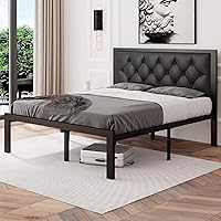 Vista 3 de Feonase Marco de cama metálico de tamaño completo con cabecera capitoné de cuero sintético con botones, marco de cama plataforma resistente con Negro
