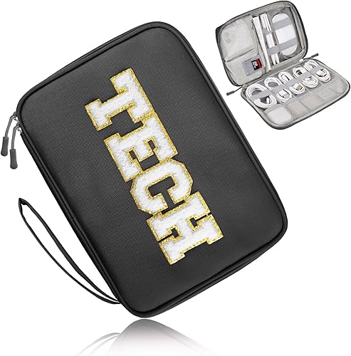 Miniatura 6 de COSHAYSOO Bolsa organizadora de accesorios electrónicos, bolsa de transporte con tecnología de parche de letras de chenilla preparada, estuche de