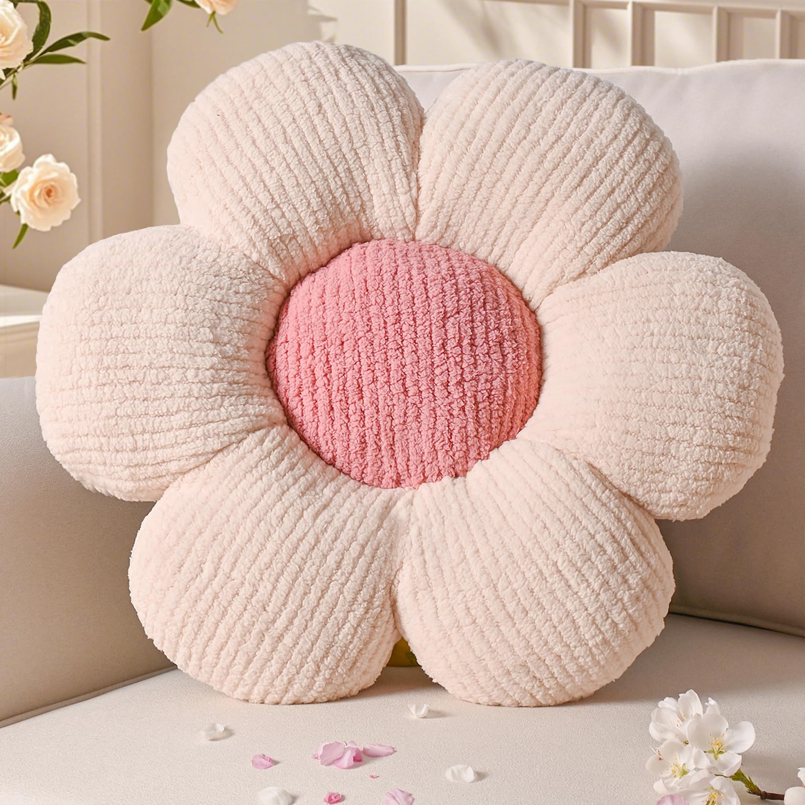 Coussin Fleur Pâquerette Blanc - Décoration Chambre Ou Canapé - Diamètre 38cm - Doudou Et Confortable - Lavable Machine
