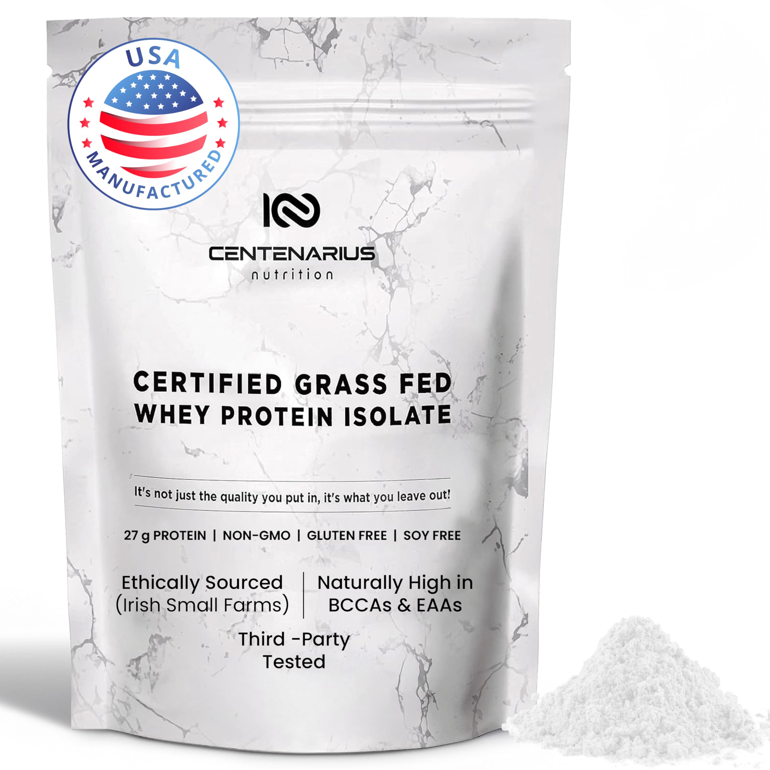 Premium Whey Protein Isolate Powder 500g Unflavored Irish Grass-Fed, 27g Protein per Serving for Muscle Growth & Recovery Non-Bloating, Gluten & Lactose Free, Clean Ingredients | Centenarius Nutrition