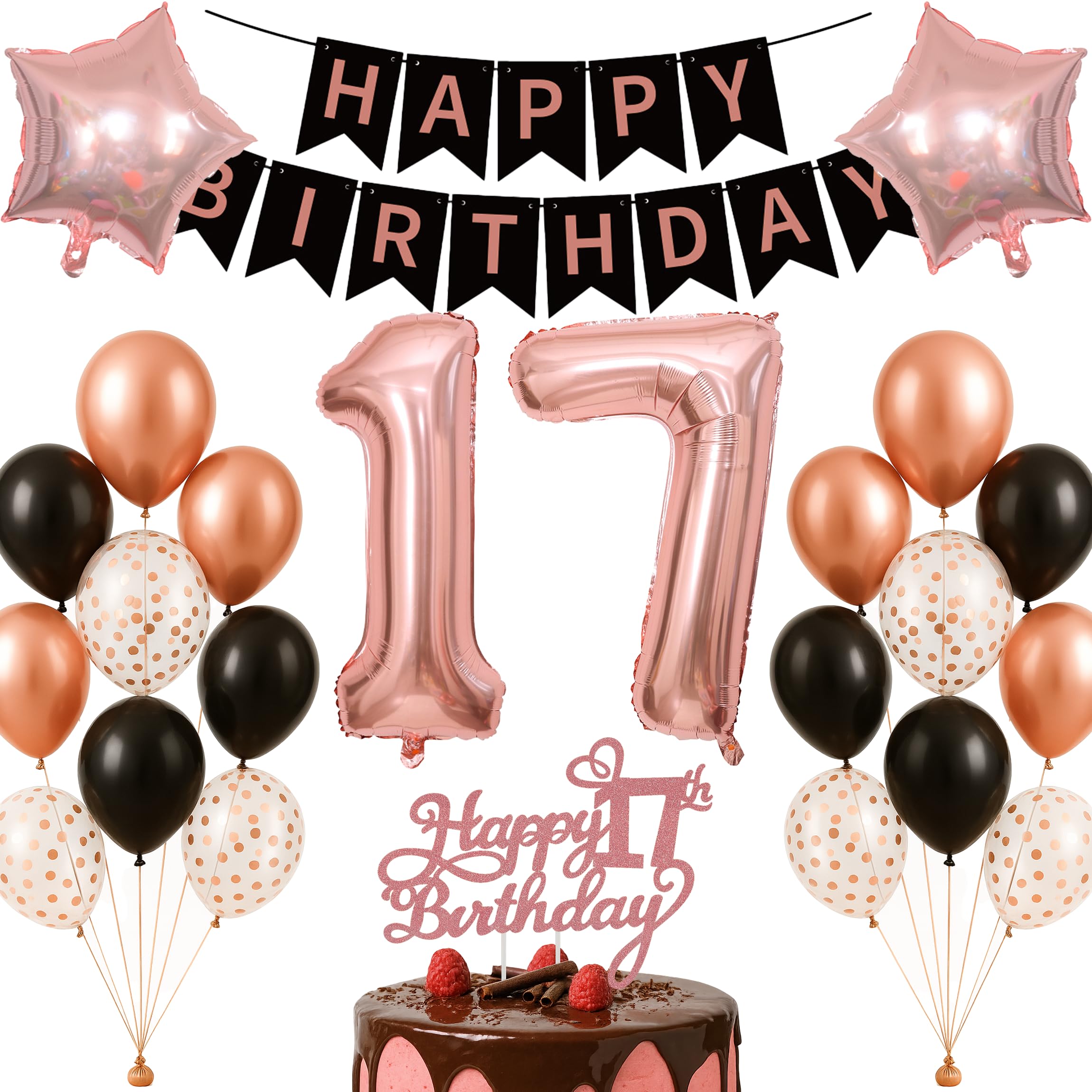 17th Birthday Decorations Set Rose Gold Black Theme Happy Birthday Banner Balloon Decor Photo Backdrop for Boys Girls Kids Turning 17 Age 17 Party Supplies Celebration Decor Event Bundle Bunting Set