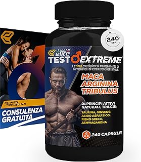 Italian Elite® Testo Extreme 240 caps Maca 8000mg. Tribulus, Fieno Greco, Zinco, Arginina, Ashwagandha, Vitamine e Minerali. Forza Energia Resistenza!