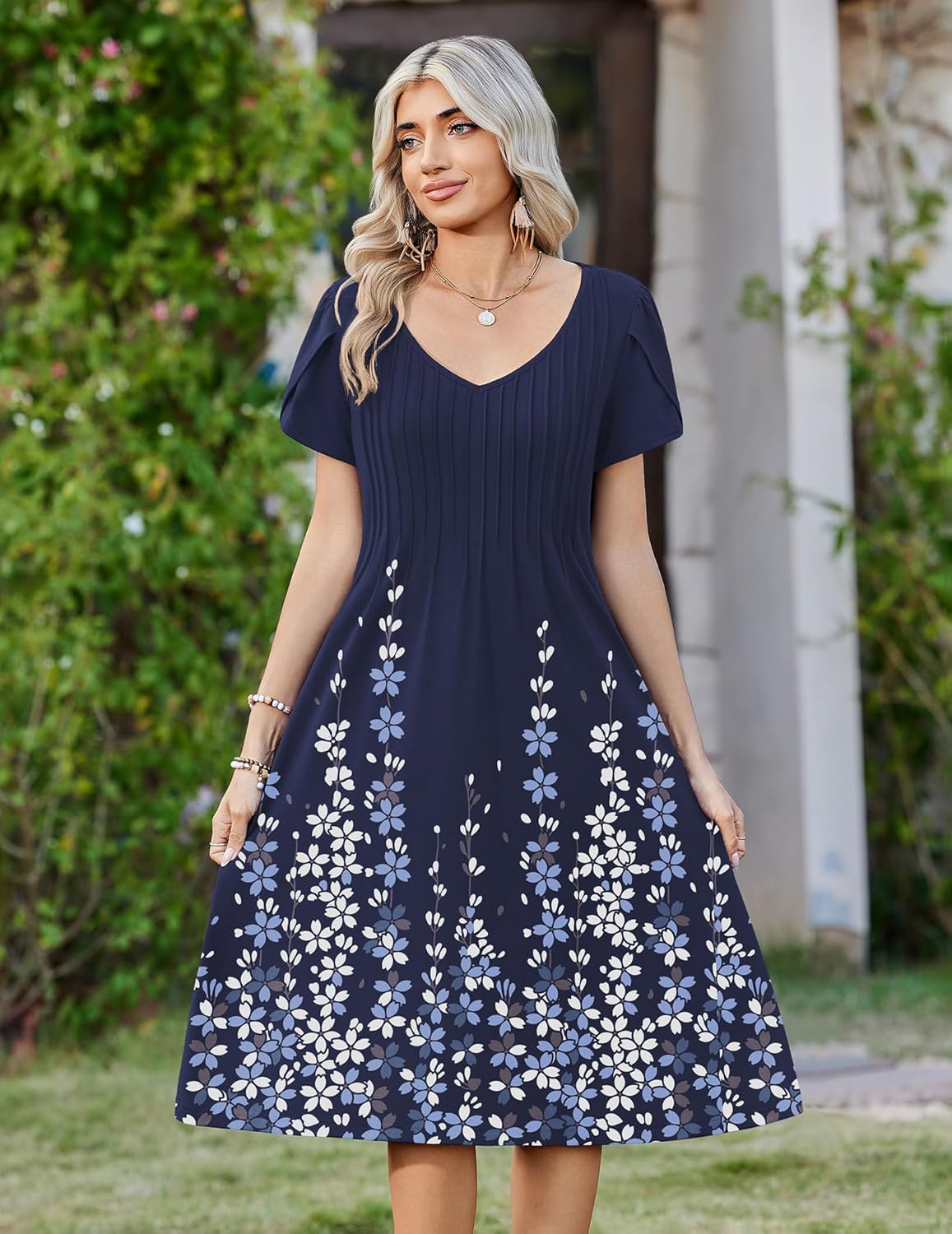 Zeagoo Women Midi Dresses for Summer 2026 Short Sleeve Casual Flowy Dress A Line Pleated V Neck Beach Sundress with Pockets - Image 3