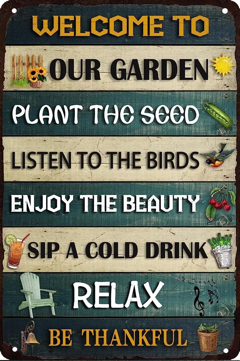GQWJKSZ Funny Garden Rules Metal Tin Sign, Welcome To Our Garden Tin Sign Home Decor Backyard Farmhouse Porch Bar Wall Poster Sign 8x12 Inch