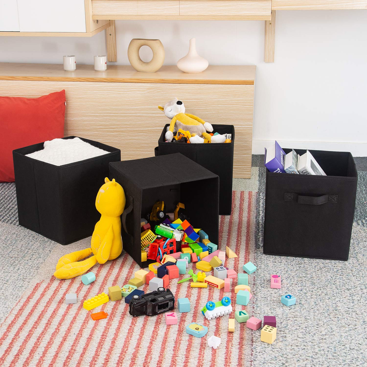 BrillantJo - Set di 4 contenitori Pieghevoli in Tessuto, con Manici per la casa, l’Ufficio, la cameretta dei Bambini,Noir, 33 x 38x 33 cm