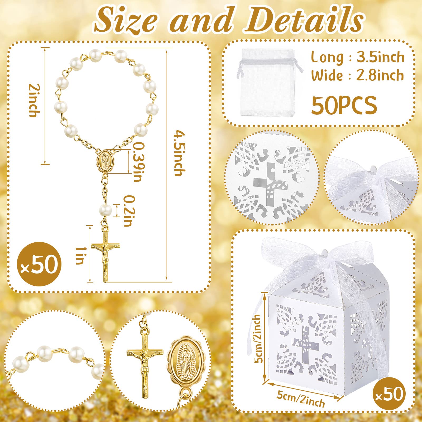 50 Packungen Taufgeschenk-Set Taufe Rosenkranz Acryl Rosenkranz Perlen Elfenbein Farbe Kunstperlen mit Organzabeutel und Kreuz Taufe Geschenkboxen mit Bändern für Taufe Hochzeiten Party Gastgeschenke