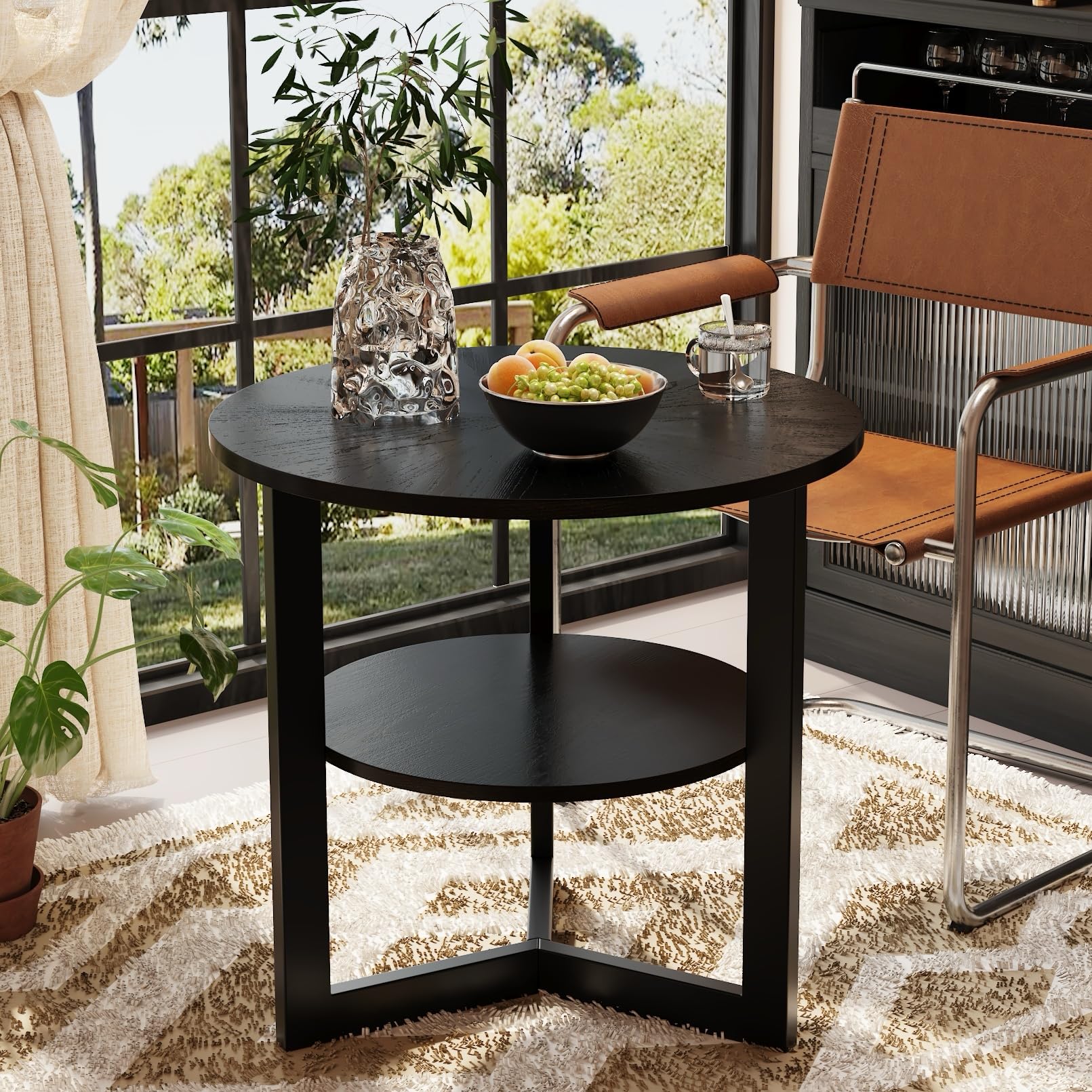 MODERION Large Round End Table with Storage Shelf, Rustic Circular Sofa Side Black Metal Legs, Solid Wood Nightstand, Telephone for Living Room,