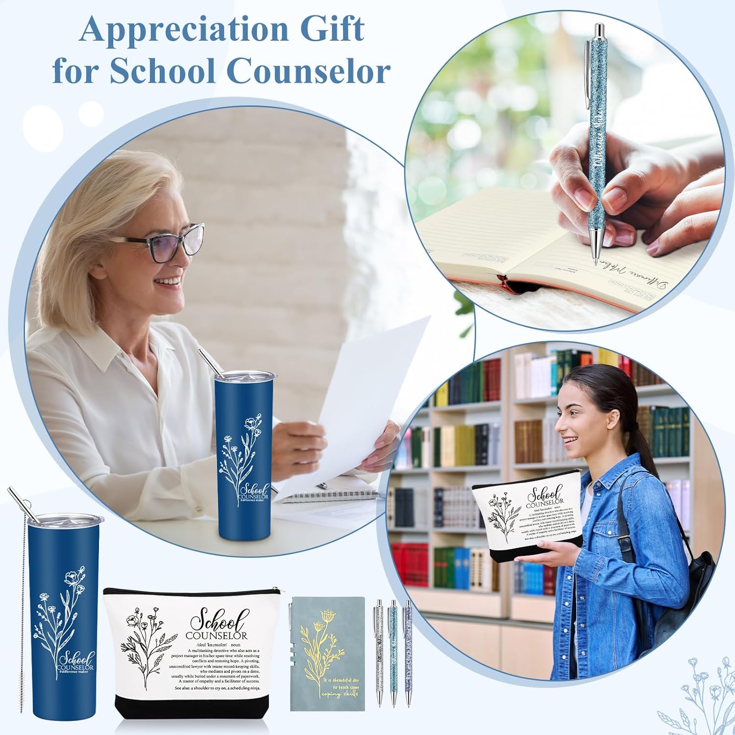 6 Pcs School Counselor Appreciation Gift Set for Women Thank You Gifts 20 oz Boho Flower Tumbler Makeup Bag Journal Ballpoint High School Teacher Educator Work(Blue, Counselor) - Image 3