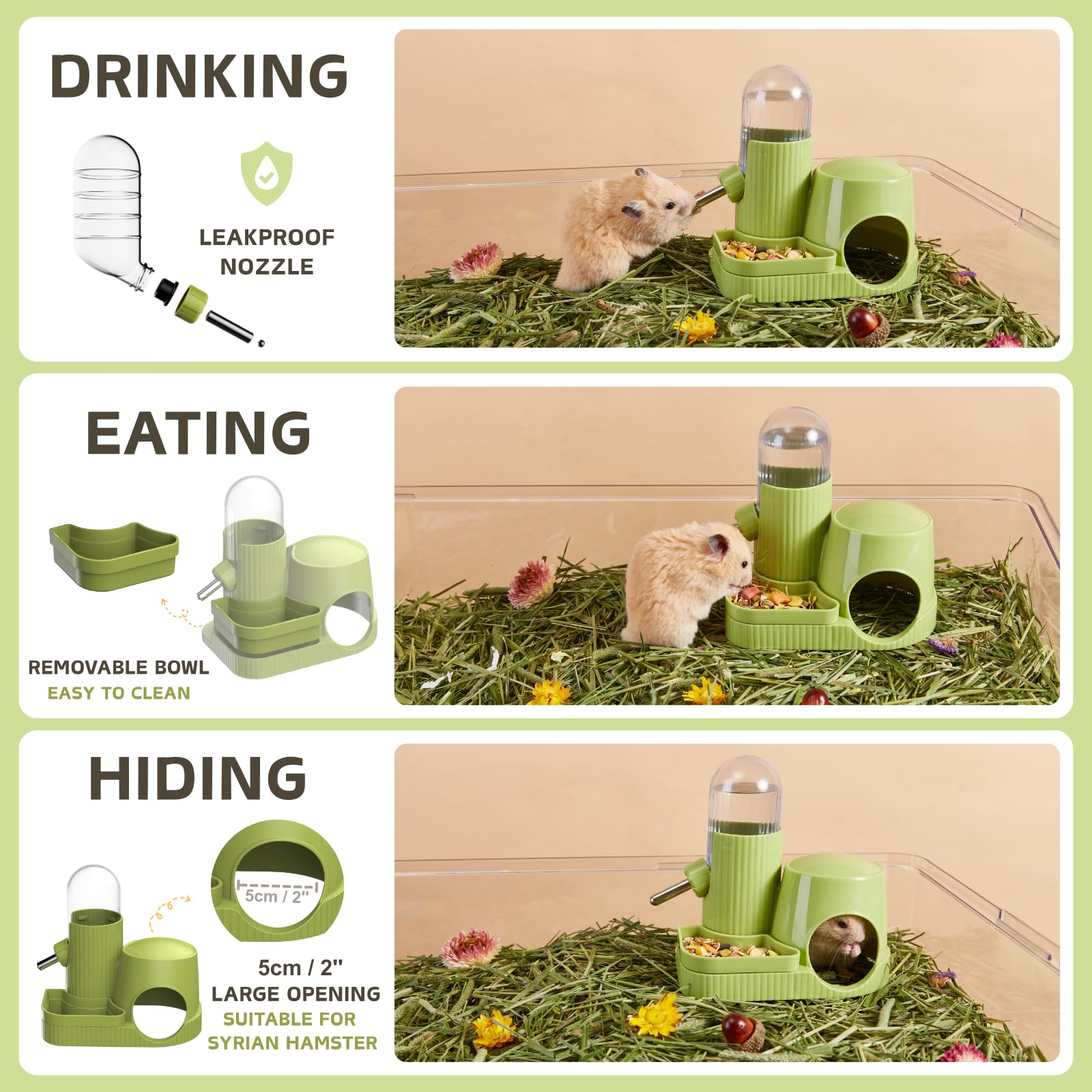 Bebedero 3en1 para Hámster Dispensador Automático Antifugas con Comedero y Base Escondite para Gerbil Rata Hámster Enano Ratón (Verde, 100ml) — view 2