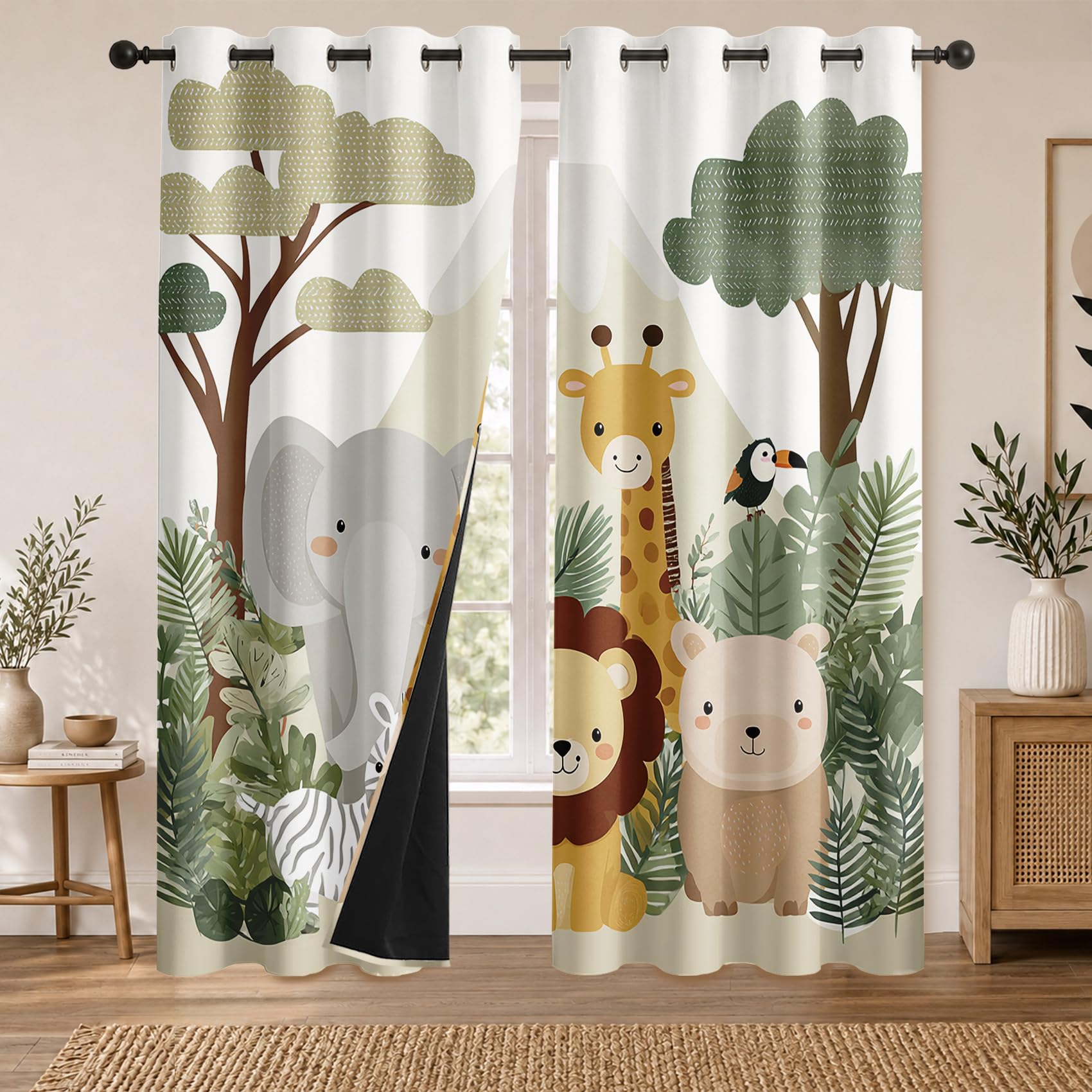 Rideau Occultant Animal Dessin Animé Mignon Rideaux Thermiques Animaux de la Forêt pour Salon Chambre, Lot de 2 Rideaux et Draperies Intérieurs à Oeillets, 140x160 cm (LxH)