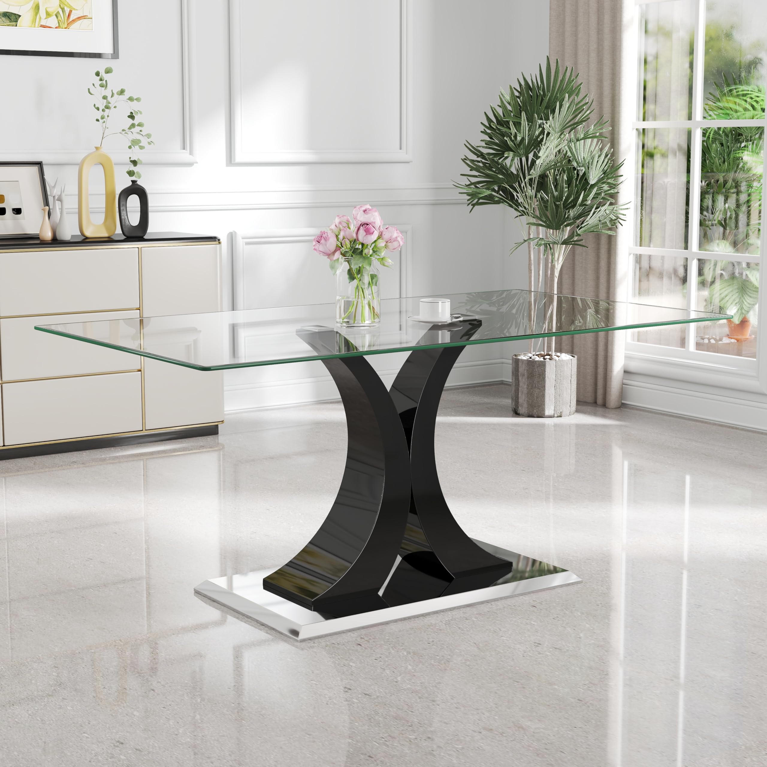 Modern Luxury Glass Dining Table for 4-6, 63'' Clear Minimalist Glass Top Kitchen Table, Large Apartment Rectangle Dinner Room Table with Black MDF & Silver Stainless Steel Base, for Home (only table base) 