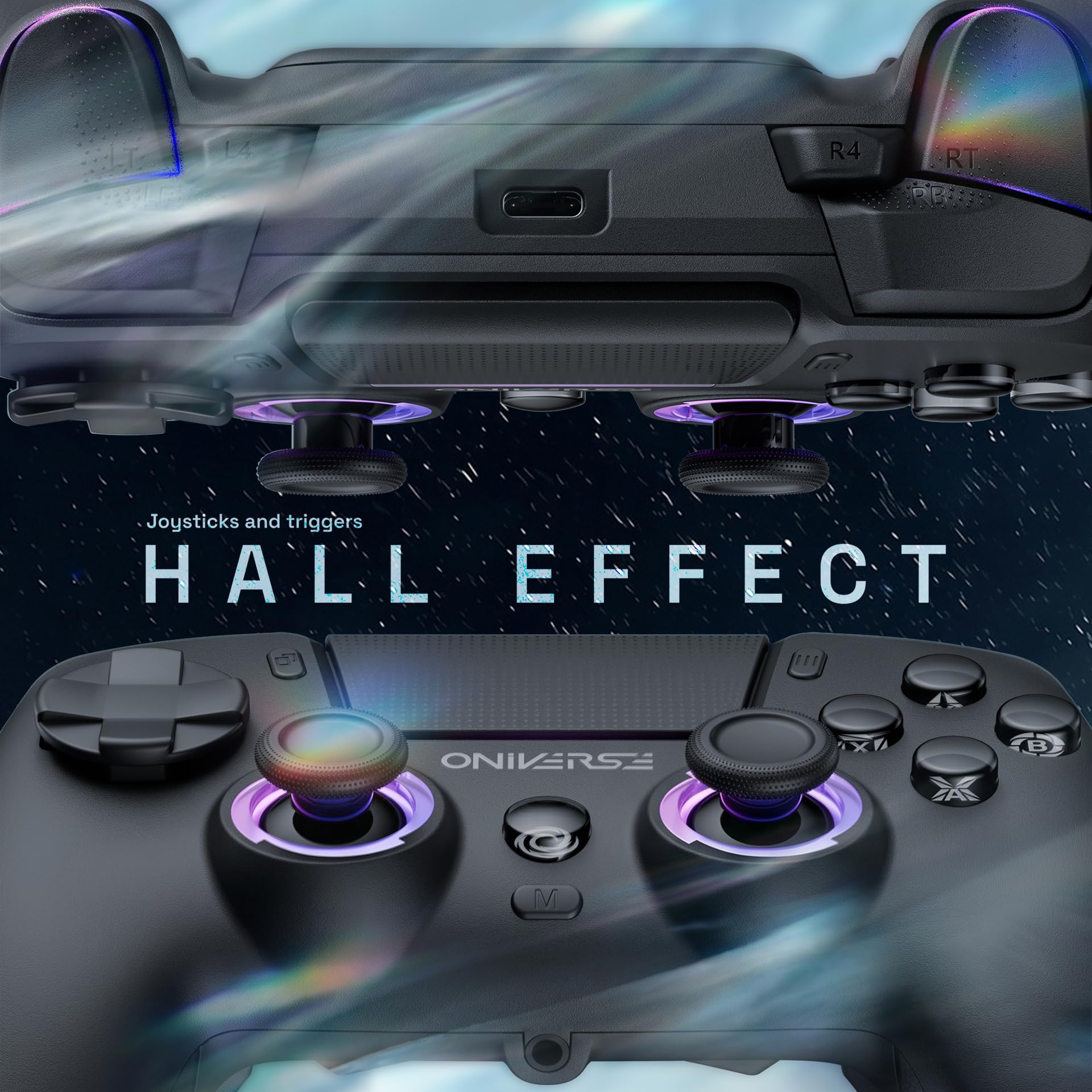 Oniverse Mando inalámbrico para PS5/PC/Steam Deck - Starion - Joysticks y gatillos con tecnología Hall Effect, Paletas macro programables, Gatillos L4/R4, Panel táctil, Bluetooth/USB-C - Black