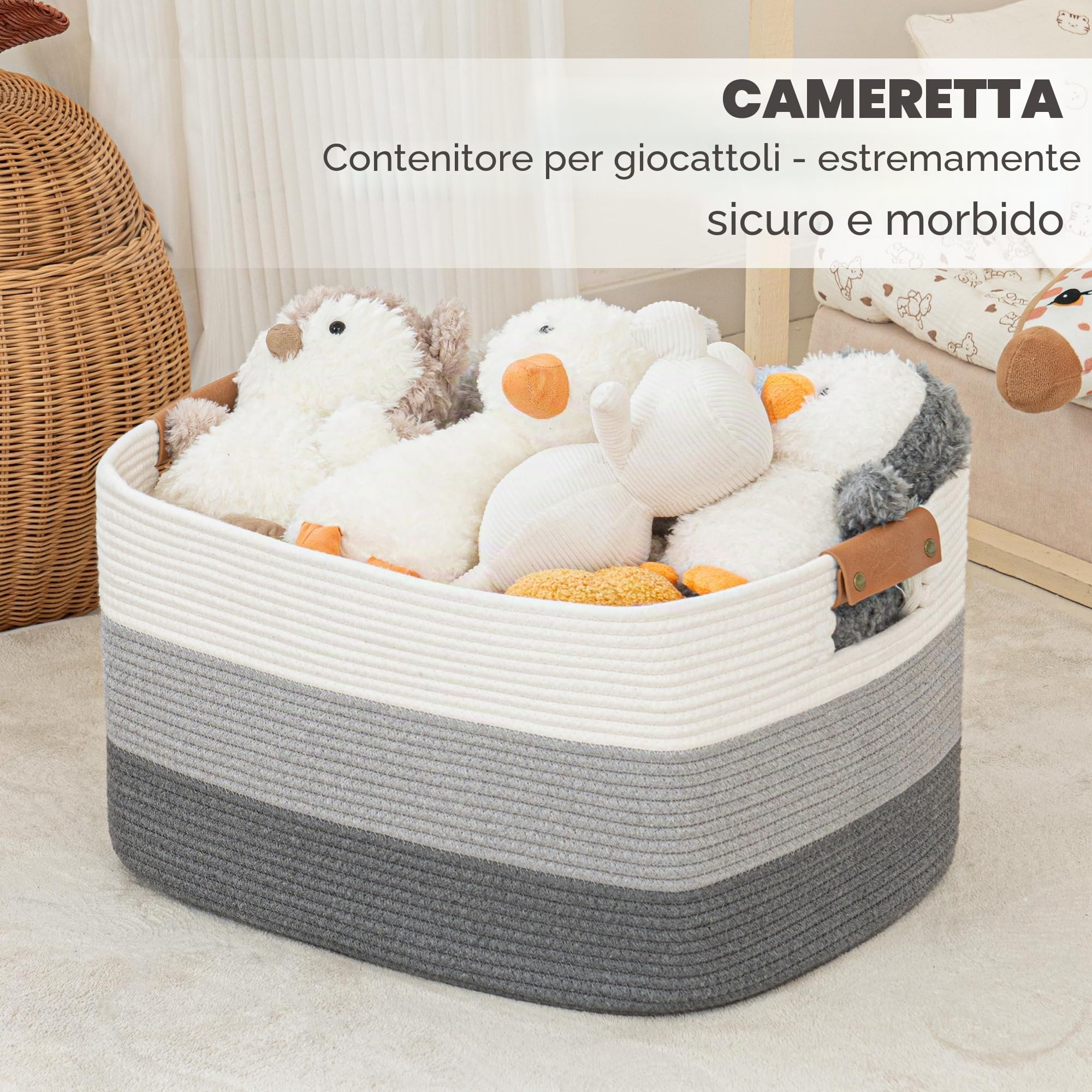 danpinera 72L Cesto Rettangolare Extra Large in Corda di Cotone,Cesto Biancheria per Coperte, Cuscini in Vimini, Portaoggetti Morbido per Bambini e Giocattoli, 43 * 55 * 29cm Bianco con grigio