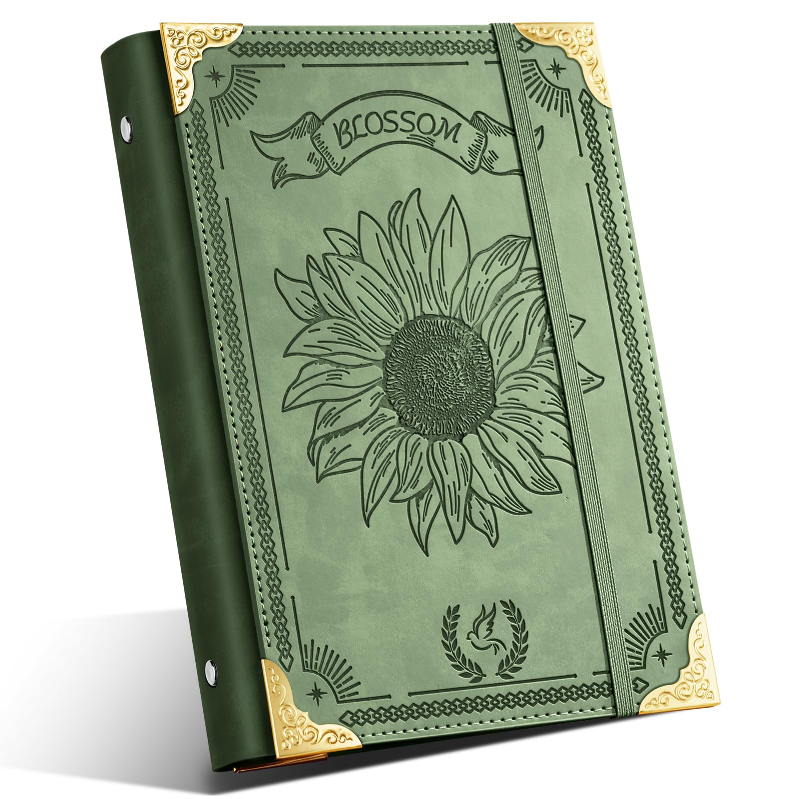 Ovesmusl Sunflower A5-Ordner aus PU-Leder, 6 Ringe, nachfüllbar, ohne Einlagen, A5-Planer, Ordner für Notizbuch, 14,5 x 21,1 cm, mit Gummizugverschluss, Grün