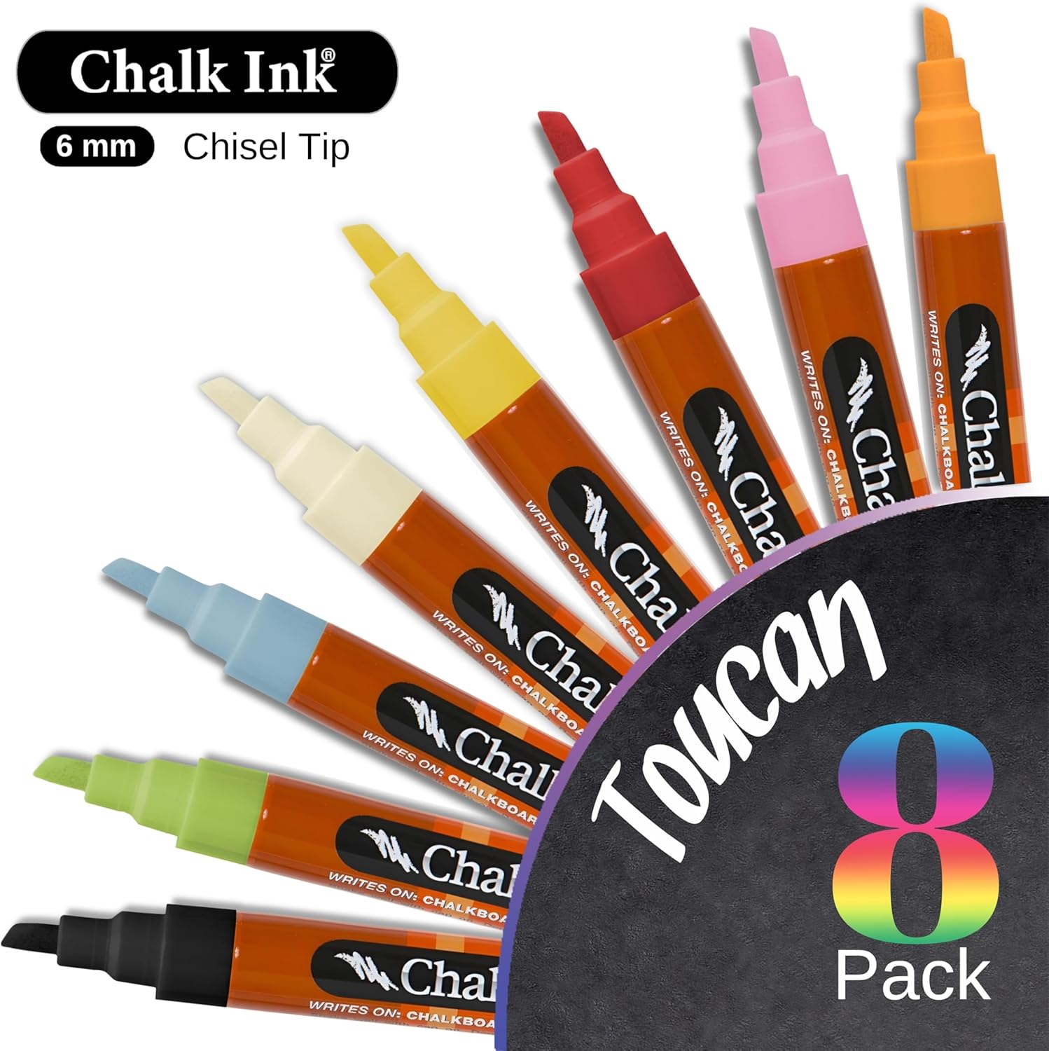 Chalk Ink Chalk Markers - Professional Chisel Tip Chalkboard Markers - Quick Dry Vibrant Colors - Wet Wipe Liquid Chalk Pens (Toucan, 6mm, 8 Pack)