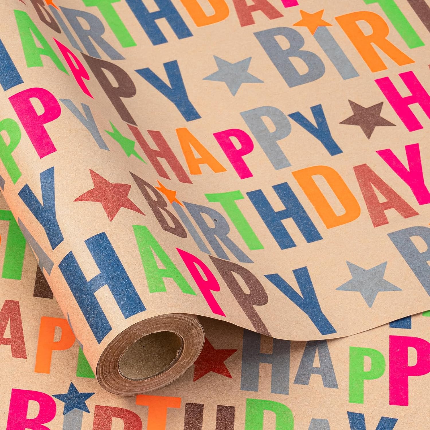 RUSPEPA 30" X 32.8' Birthday Wrapping Paper Large Kraft Paper Roll for Boys Girls, Jumbo Roll, Colorful Text Happy Birthday and Stars Design Craft Gift Wrap Great for Party, Holiday, 82 sq. ft.