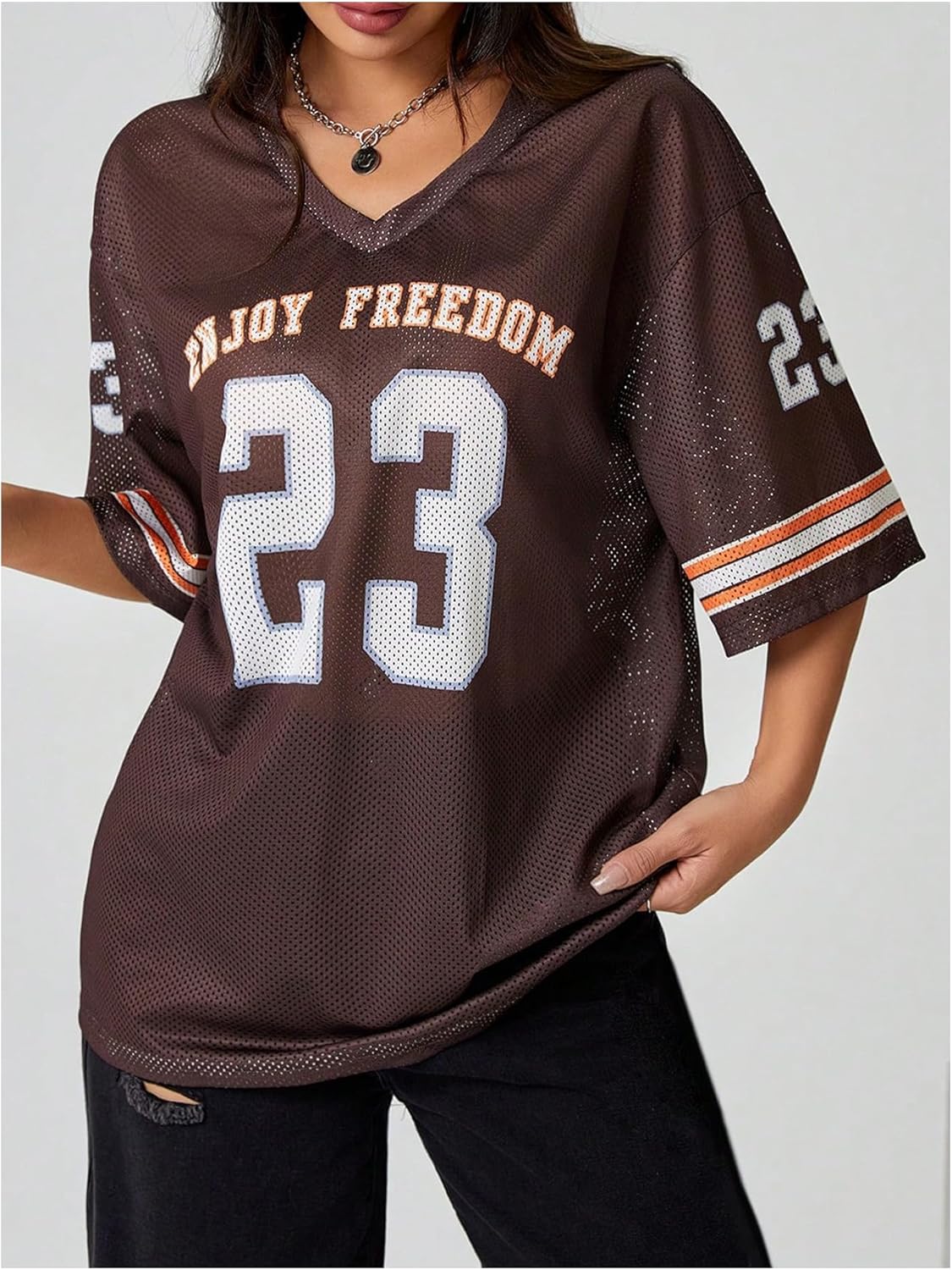 SOLY HUX Women's Y2k Jersey Shirts Graphic Mesh Oversized T Shirt Letter Print V Neck Half Sleeve Tee Tops - Image 5