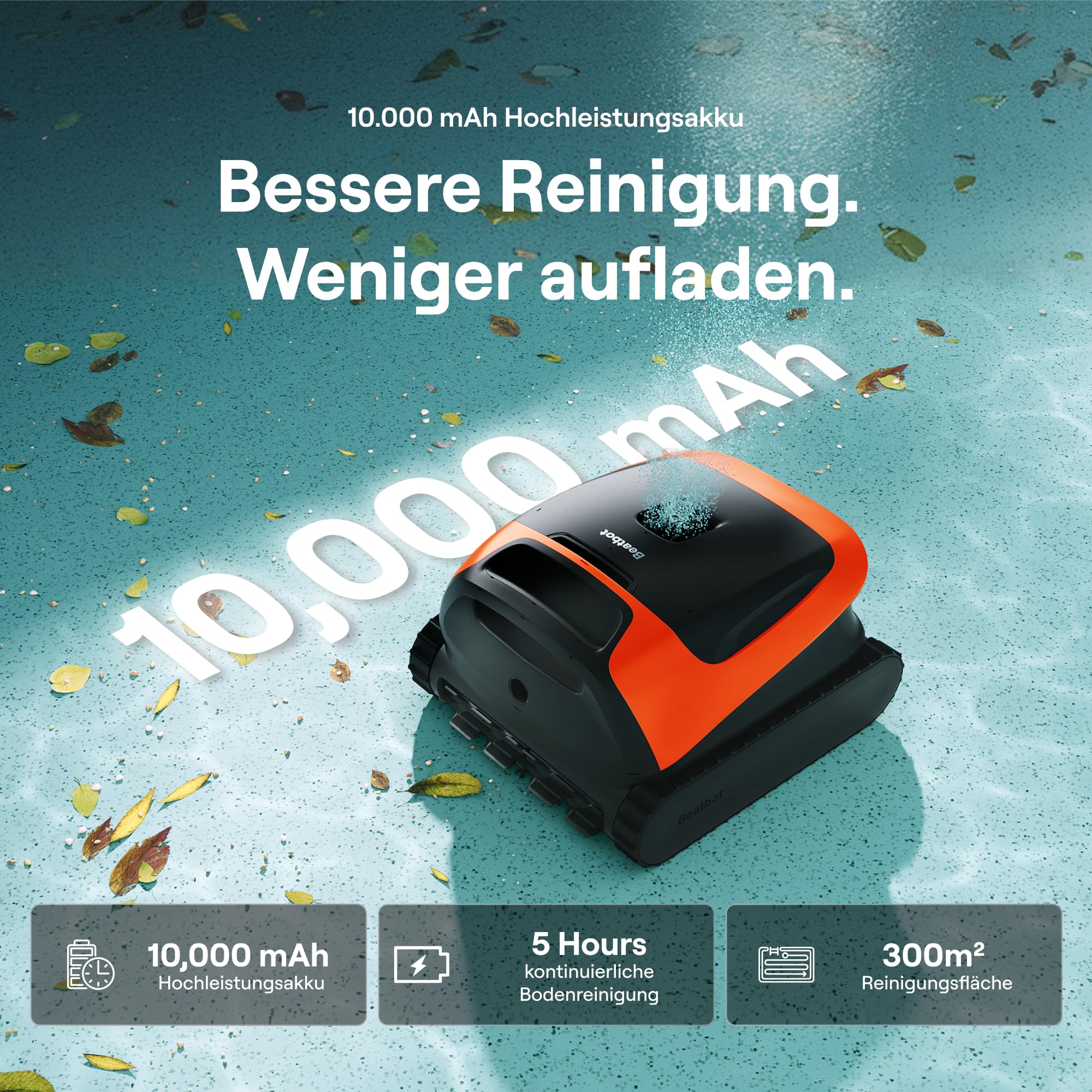 Beatbot (2026 Neu Sora 30 Poolroboter Akku Boden und Wand, 25700LPH Saugleistung, 3-Zonen-Reinigung, 5 Stunden Laufzeit, Filterkorb mit 5 L Kapazität, Mandarine
