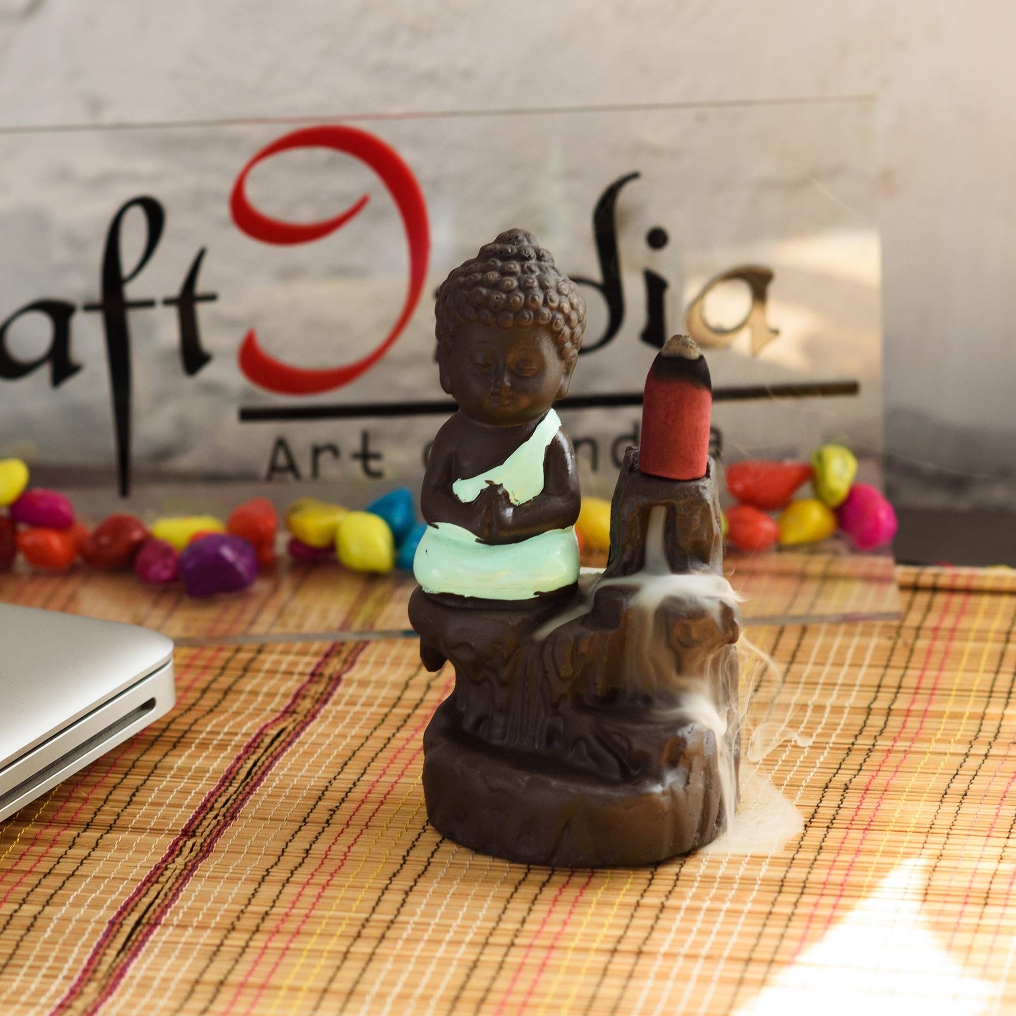 eCraftIndia Meditating Monk Buddha Smoke Backflow Cone Incense Holder Decorative Showpiece with 10 free Smoke Backflow Scented Cone Incenses