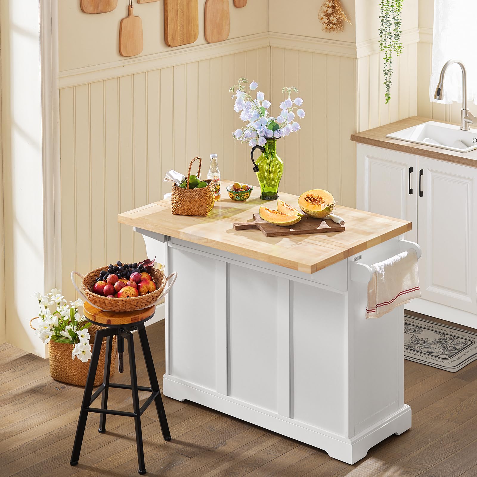 SoBuy Isla Cocina con encimera de Madera Maciza Extensible Carrito de Cocina con Ruedas Mueble de Cocina con 3 cajones Blanco 130x91x(46-71) cm FKW41-II-WN