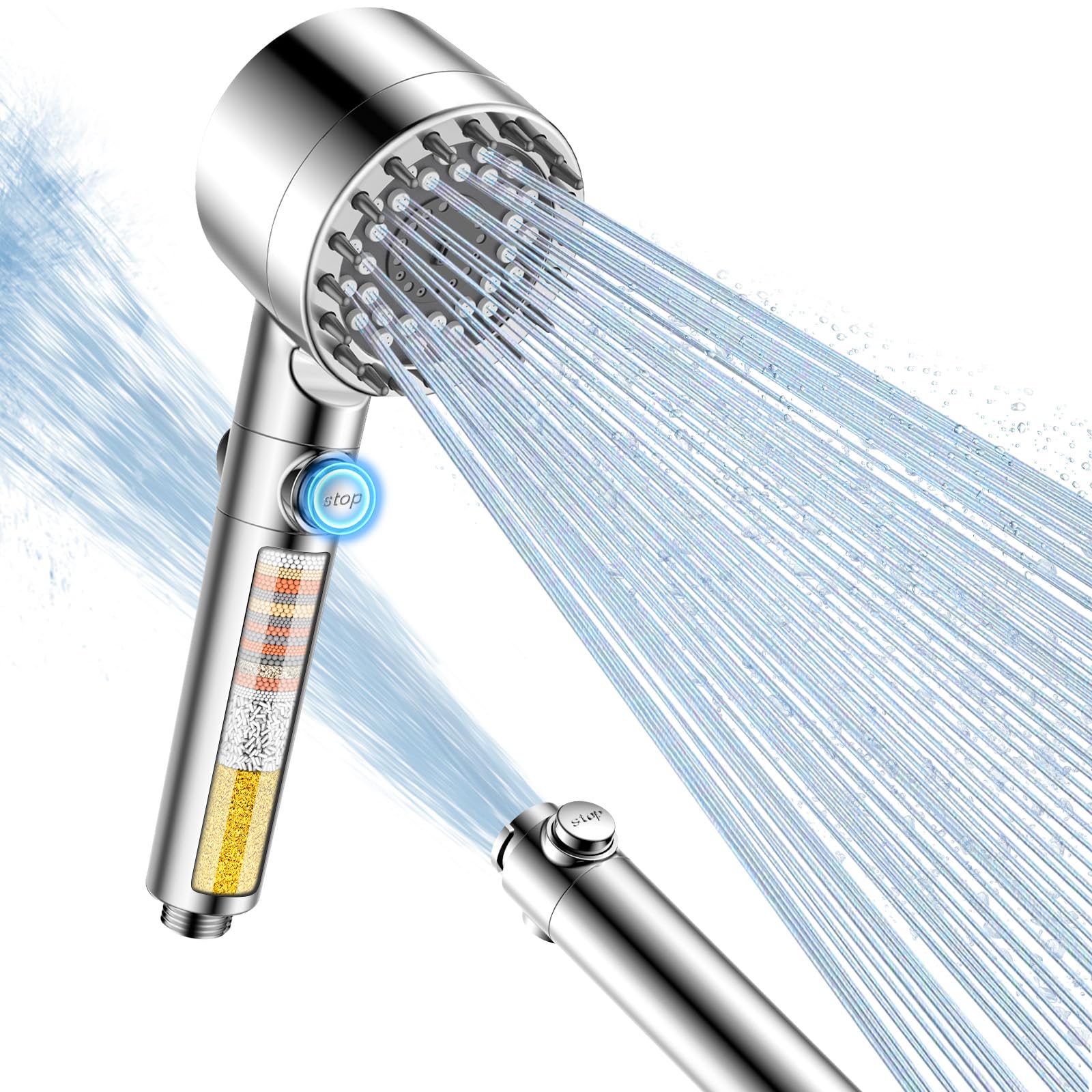 FEELSO Filtro de cabezal de ducha con filtro de 15 etapas y modos de pulverización 3+1, cabezales de ducha de alta presión para agua dura, filtro de ducha de masaje de mano para eliminar el cloro