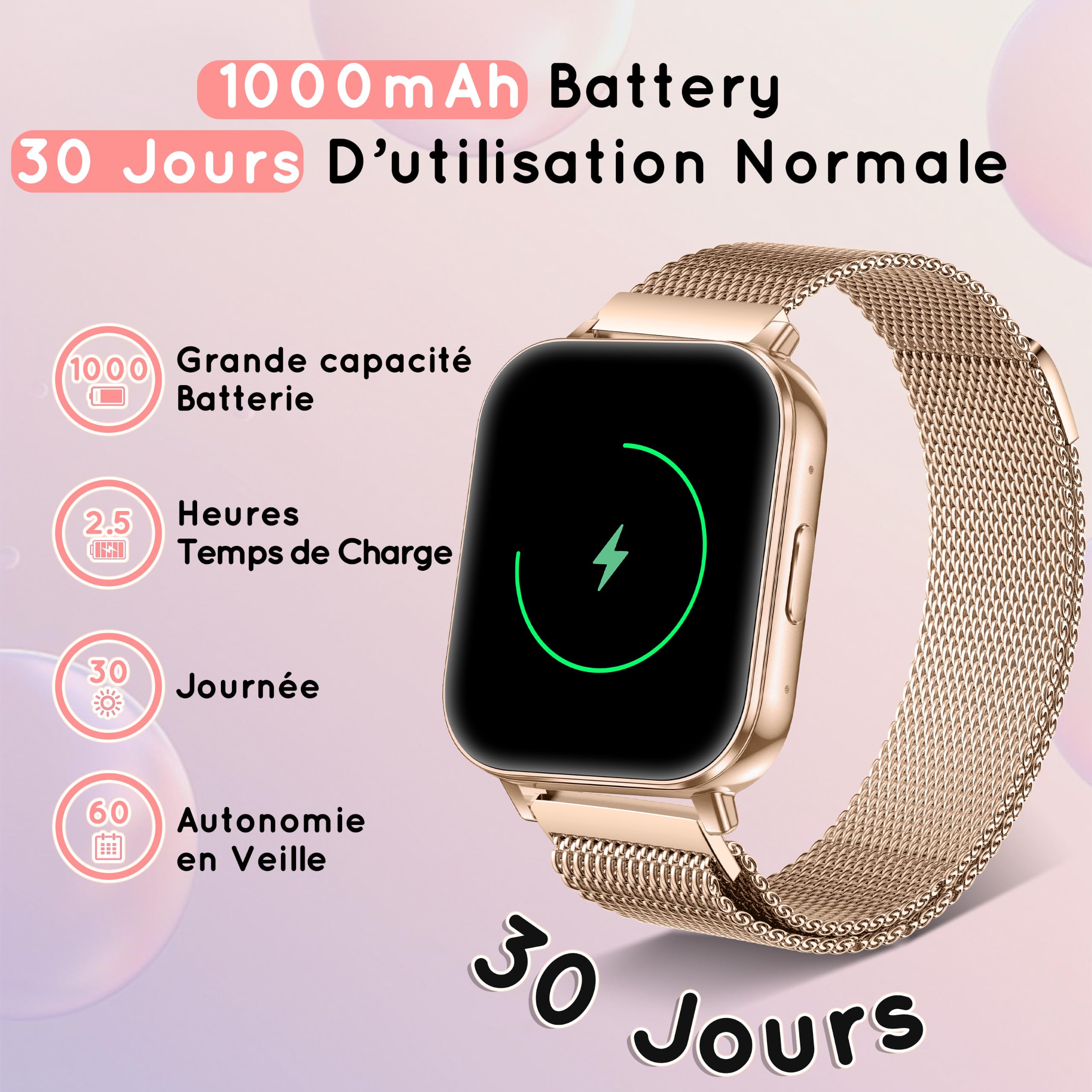 Montre Connectée Femme avec 3 Bracelets 30+ Jour Ultra 1,85" HD Fitness Smartwatch avec Appel Bluetooth/Fréquence Cardiaque/SpO2/Sommeil, 120+ Modes Sportifs,1000mAh pour iOS Android, Or Rose