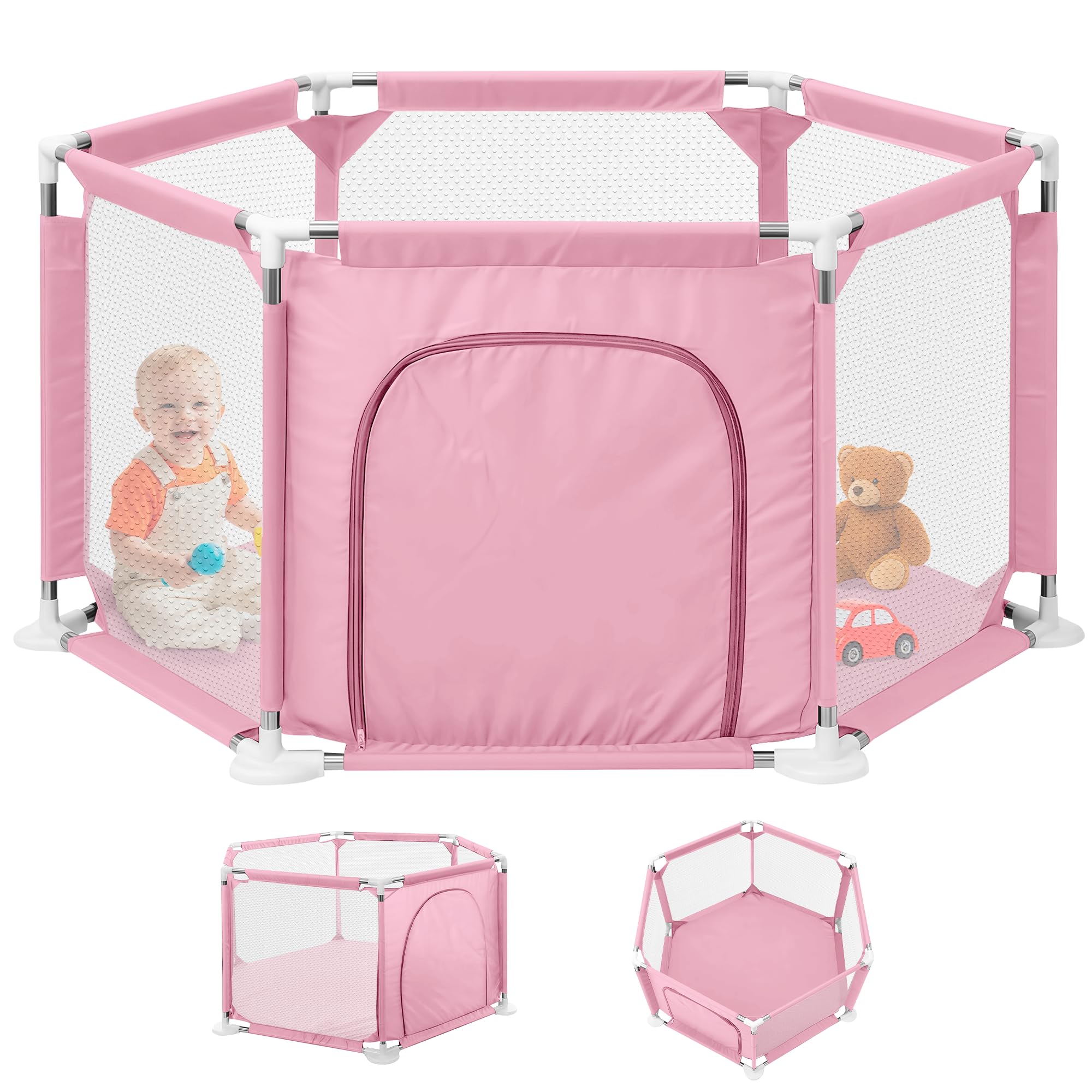 JUPPLIES Parque Infantil Bebe 127x127cm Hexagonal – Corralito Bebe con Malla Transpirable – Parque de Juegos Bebe con Puerta Lateral – Playpen Bebe sin Pelotas