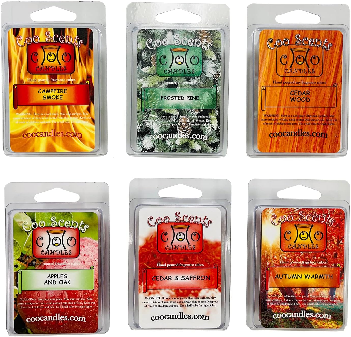6 Pack Soy Blend Wickless Candle Wax Bar Melts - Fall or Autumn Woodsy Outdoor Pack - Cedar Wood, Cedar & Saffron, Campfire Smoke, Apples & Oak, Frosty Pine, Autumn Warmth