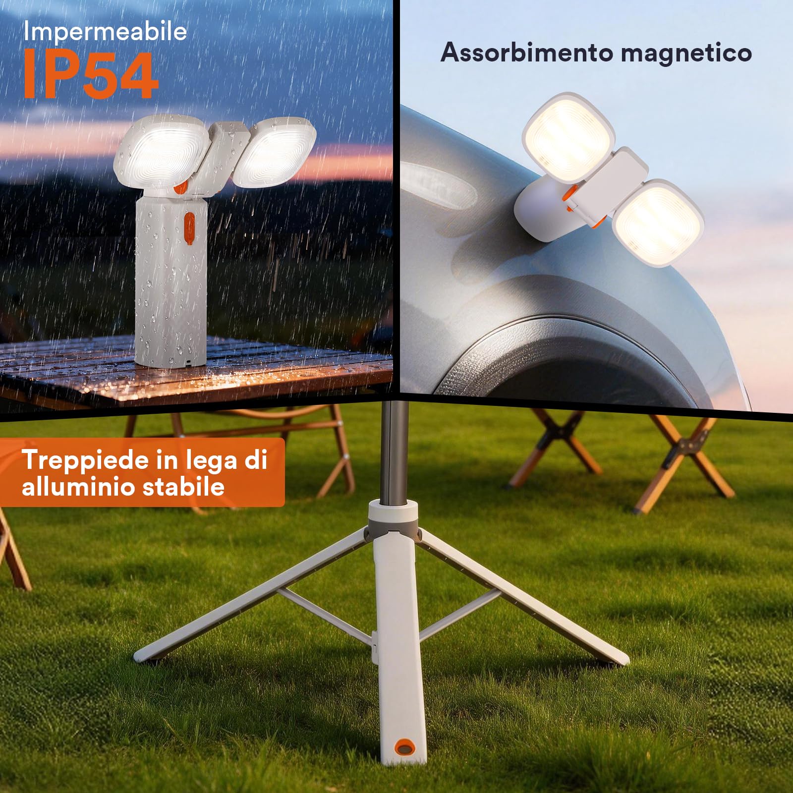 Tomshine Lampada da Campeggio LED con Treppiede IP54 | Faretto LED 2000LM Ricaricabile, 10000mAh Fino a 120h, Powerbank 5V 2A, Doppi Pannelli Orientabili 360°, 10 Modalita RGB