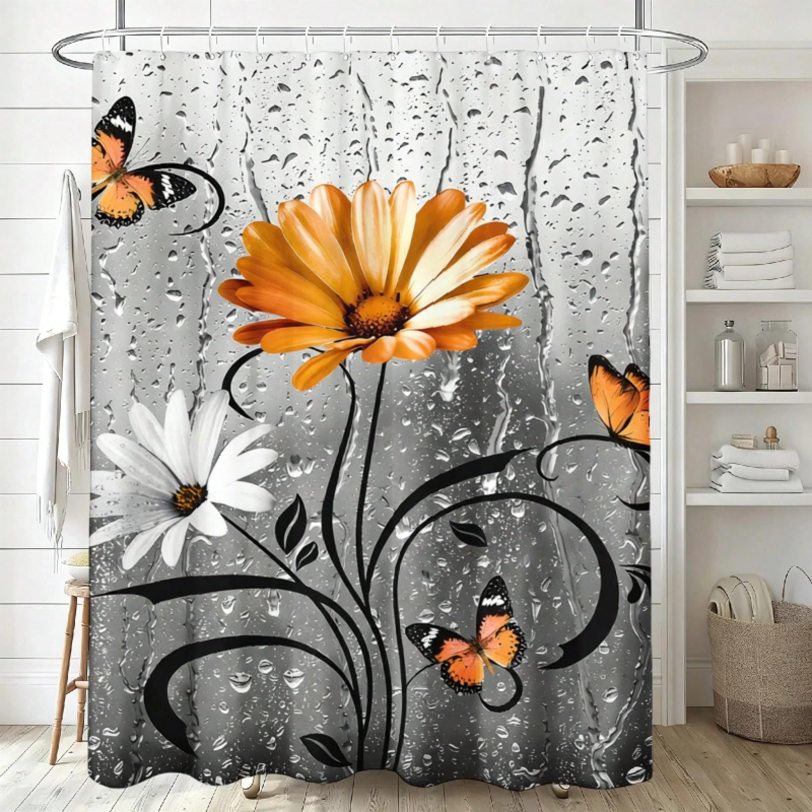 GLKSDLPO Floral Pattern Shower Curtain, 3D Digital Painting Extra Long Wet Room Botanical Plants Leaves Bathtub Curtain(137x203cm/54x80in(WxH)