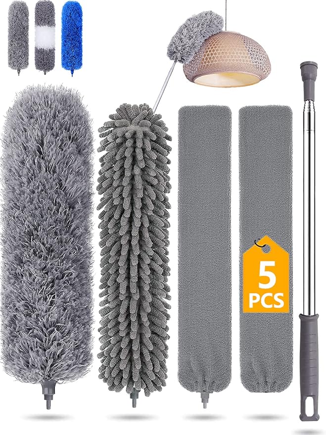 Feather duster 5PCS kit with 30100 inch telescopic extension pole, detachable bendable and