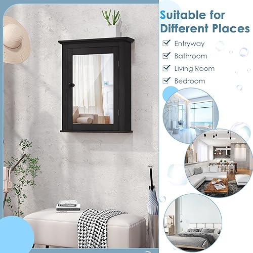 Miniatura 6 de COSTWAY Botiquín de baño con espejo, organizador de armario de almacenamiento montado en la pared con estante ajustable de 5 posiciones, gabinete de