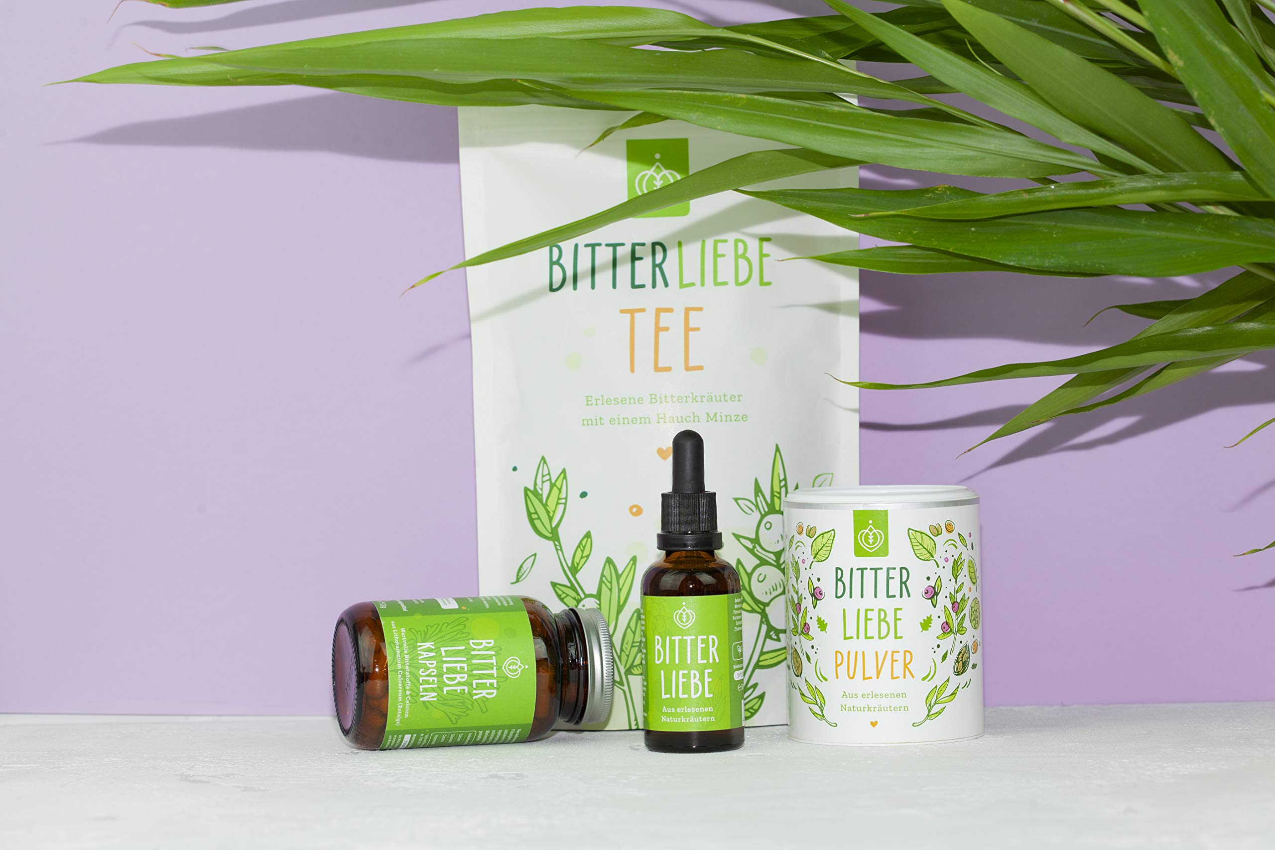 BitterLiebe® Premium Paket mit BitterLiebe Tropfen (50ml) Kapseln (90Stk.) Pulver (100g) und Kräutertee (100g) I Bitterstoffe aus Die Höhle der Löwen