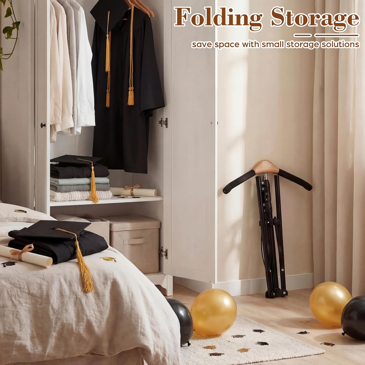 FoldTier Graduation Cap and Gown Display Stand 3-in-1 Adjustable Presentation Garment Rack with Wood Hanger Safety Pins Foldable Clothing Steamer Hanger Rack for Ceremony Photo Booth Retail Vendors