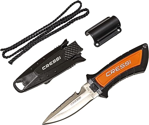 Cressi Cuchillo de hoja corta para buceo y pesca submarina con funda de liberación rápida y soporte de manguera, Lima diseñado en Italia