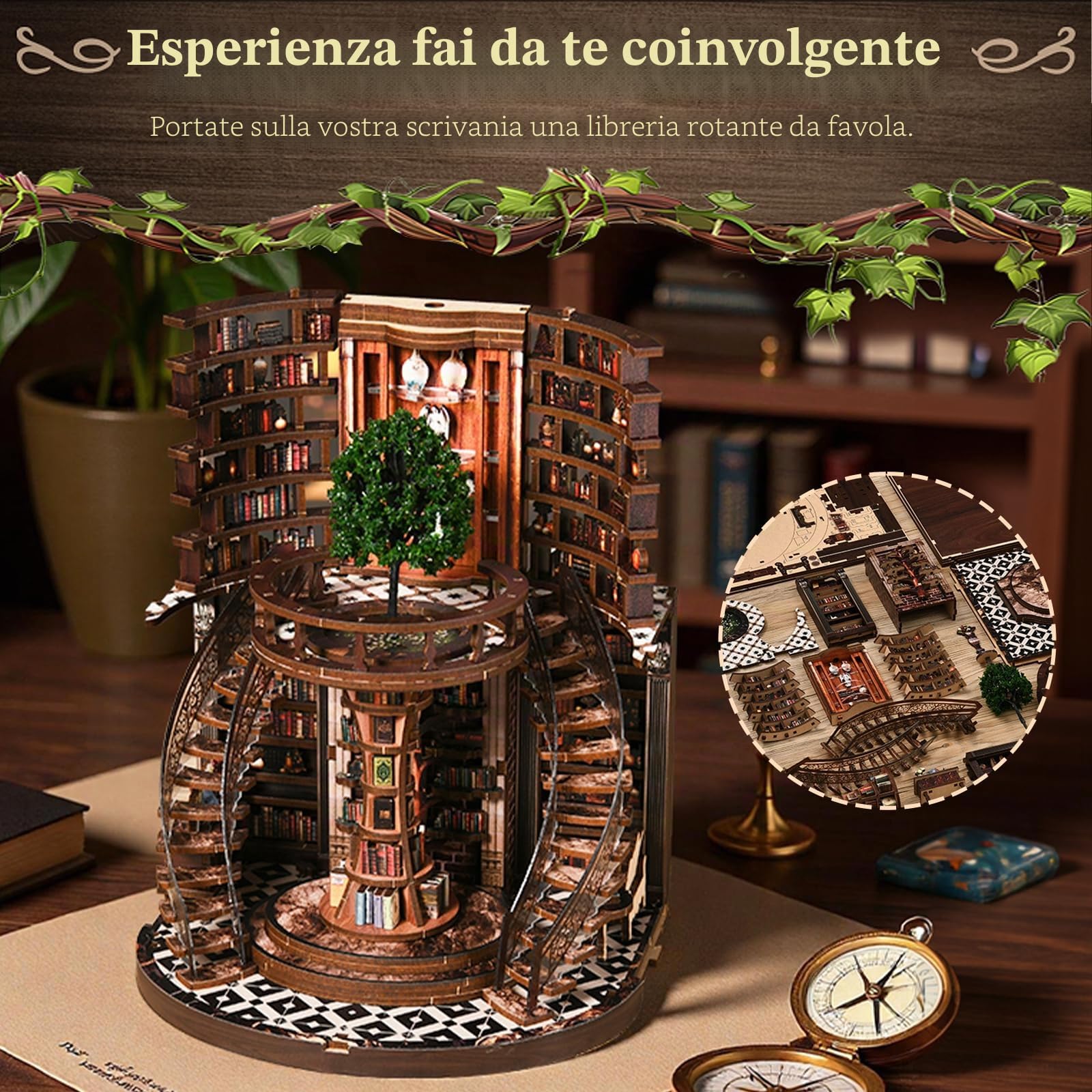 Cuteefun Casa delle Bambole Miniatura Biblioteca con LED Calde, Book Nook Kit Fai da Te Legno per Amanti Libri e Adulti, Regalo Compleanno Natale, Arredamento Casa (Wisdom Rings)