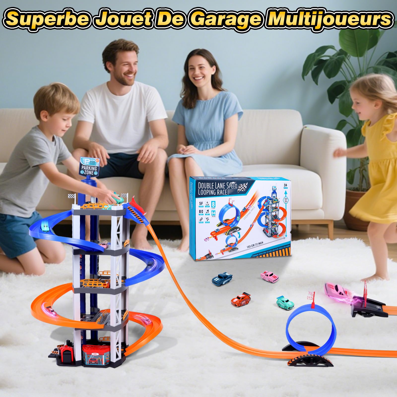 Charmofun 5 Etages Garage pour Enfants, Circuit Voiture Enfant avec 8 Voitures, Double Rampe, Ascenseur, Son et Lumière, Grand Garage Voiture Parking Jouet Enfants 3 4 5 6 7 8 Ans