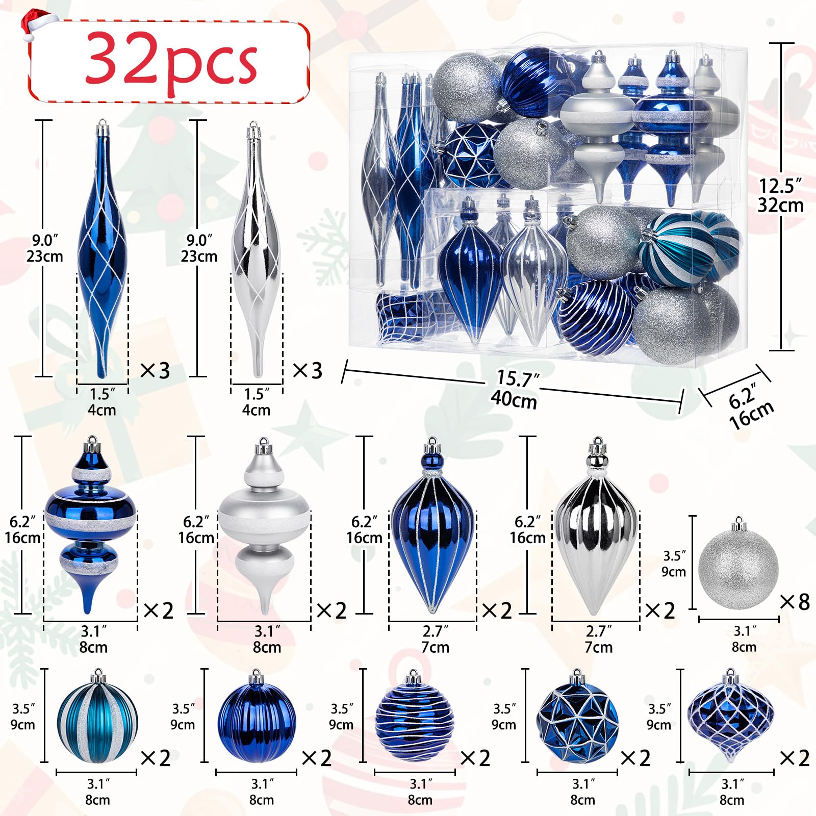 Weihnachtskugel-Ornament-Set, groß, bruchsicher, Kunststoff, dekorative Kugeln mit Hand-Hilfe-Geschenkboxen für Weihnachtsbaum, Hochzeit, Party, Urlaub, Silber, Blau, 32-teilig