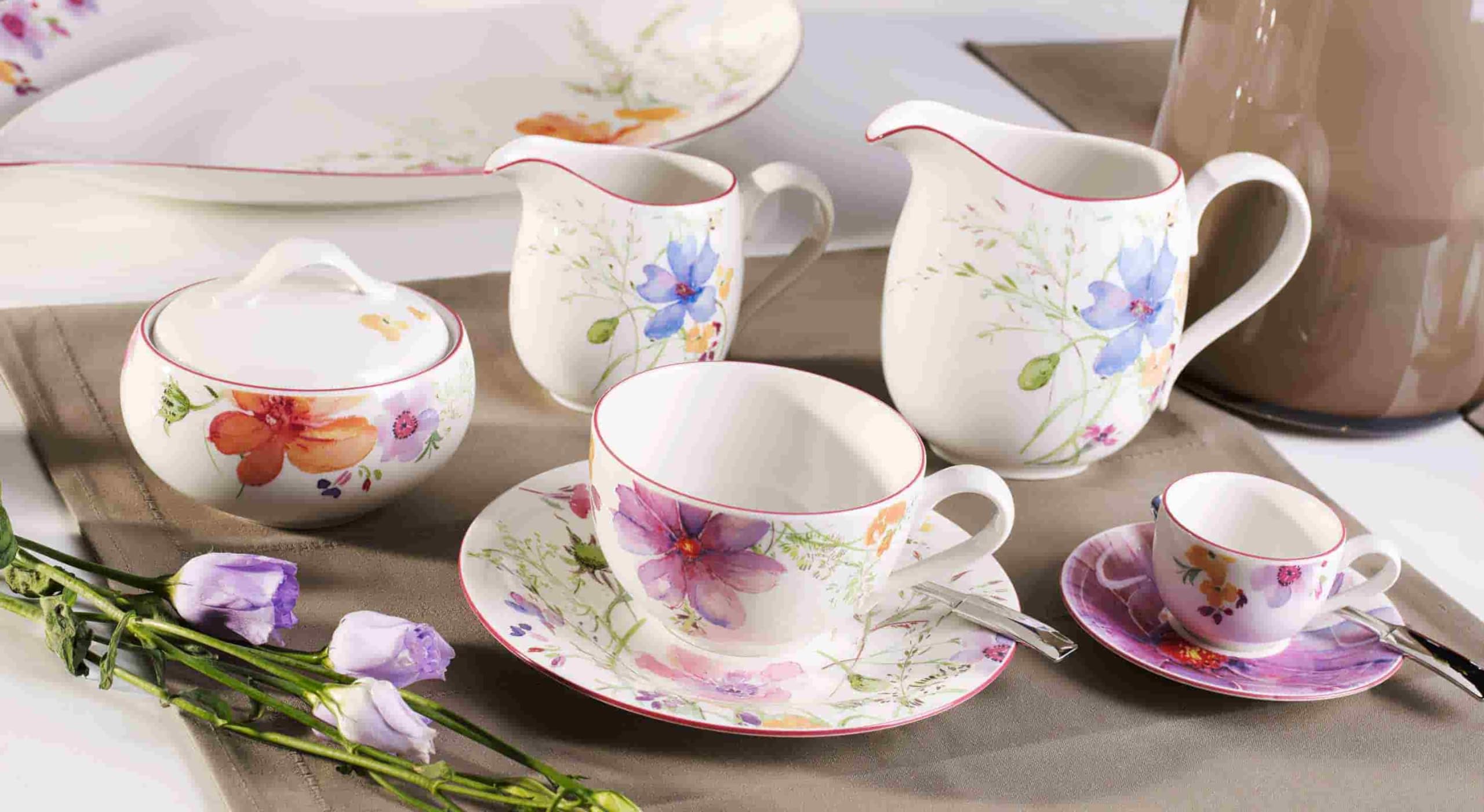 Villeroy & Boch Mariefleur Basic - Set di 6 tazze da caffè con piattino, 80 ml, motivo floreale, in porcellana premium