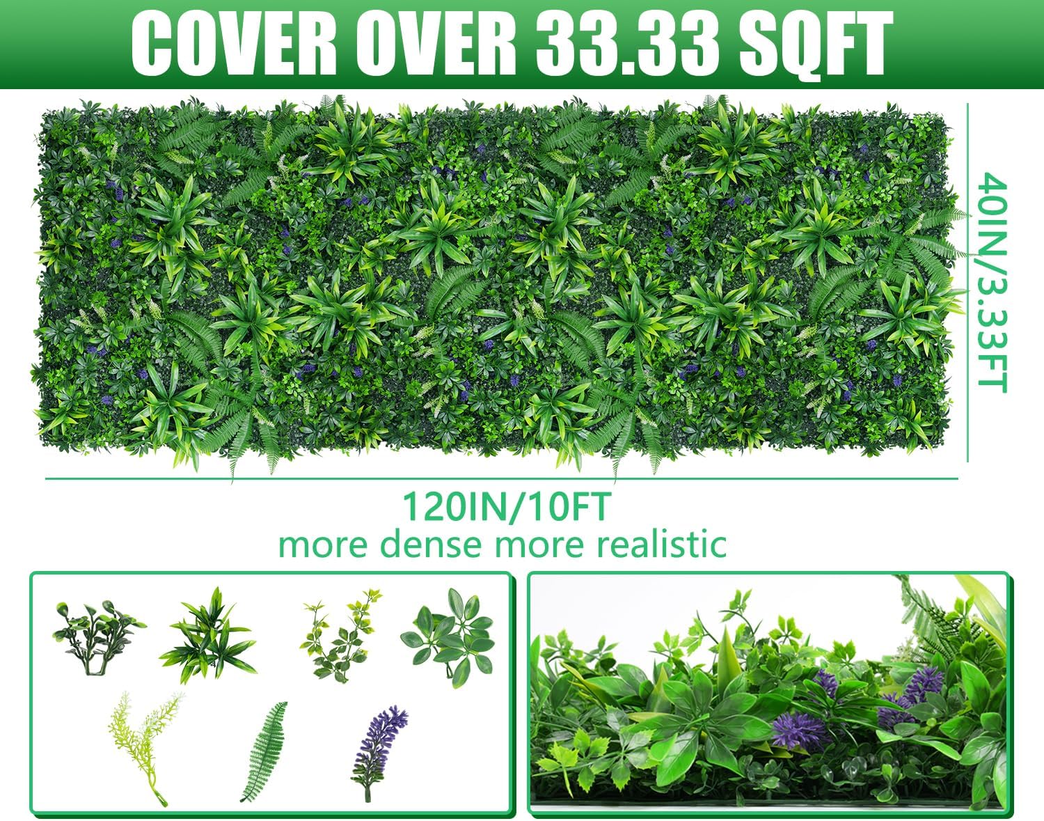 Artificial Boxwood Roll Panels, Grass Wall Panels 40"x120"(33.33 SQFT), Privacy Hedge Fence Screen with UV Protection, Fake Greenery Backdrop for Indoor Wedding and Outdoor Garden Backyard