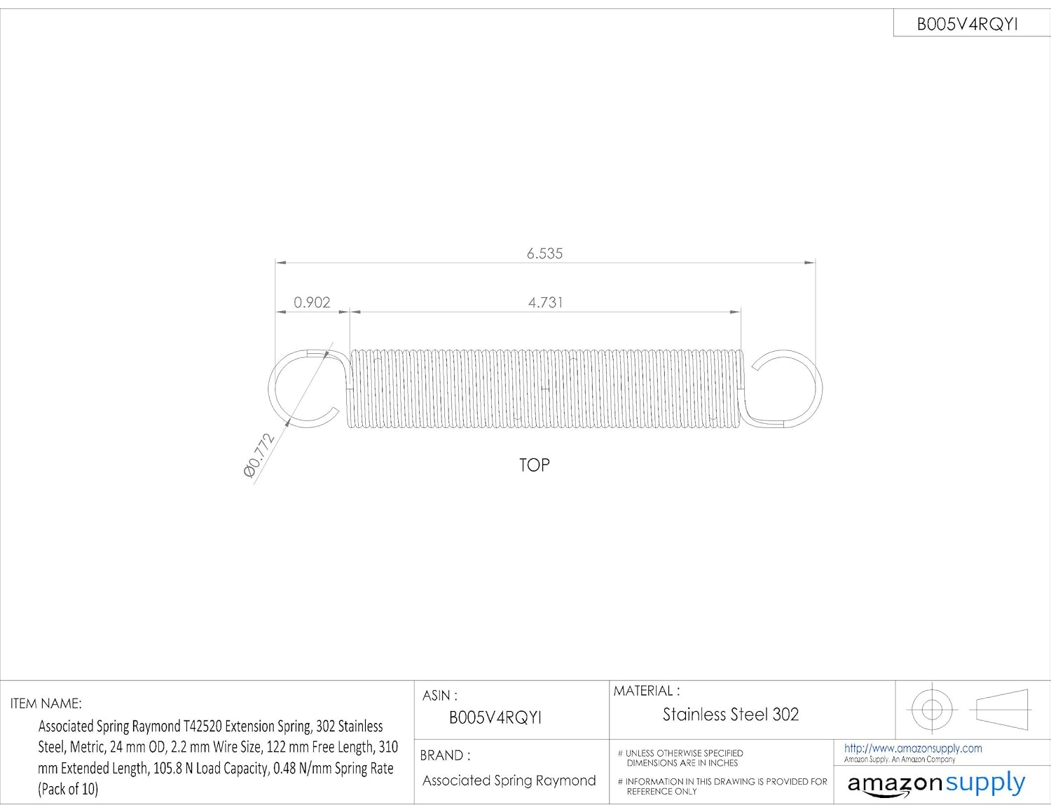 T42520 Extension Spring, 302 Stainless Steel, Metric, 24 mm OD, 2.2 mm Wire Size, 122 mm Free Length, 310 mm Extended Length, 105.8 N Load Capacity, 0.48 N/mm Spring Rate (Pack of 10)