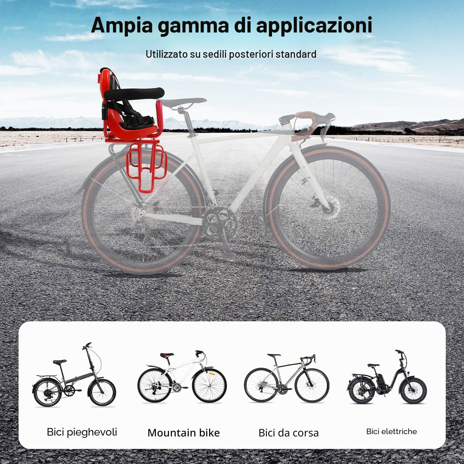 Seggiolino per bicicletta da 6 mesi-6 anni con cintura di sicurezza e ringhiera a U, adatto per la maggior parte delle biciclette come biciclette pieghevoli, mountain bike elettrica