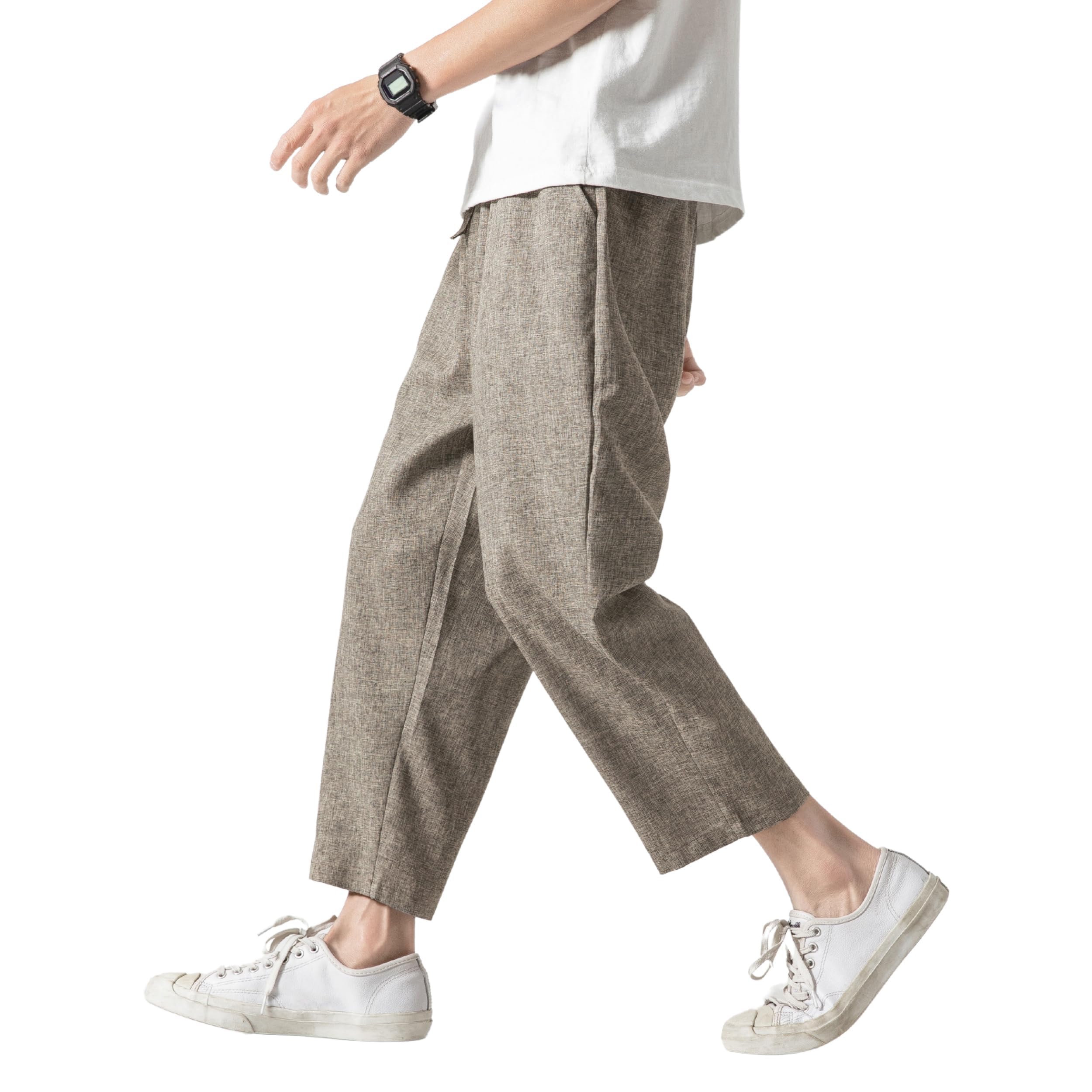 PRIJOUHE Mens Harem Pants Casual Lightweight Loose Fit Capri Pants Linen Beach Pants with Elastic Waistband